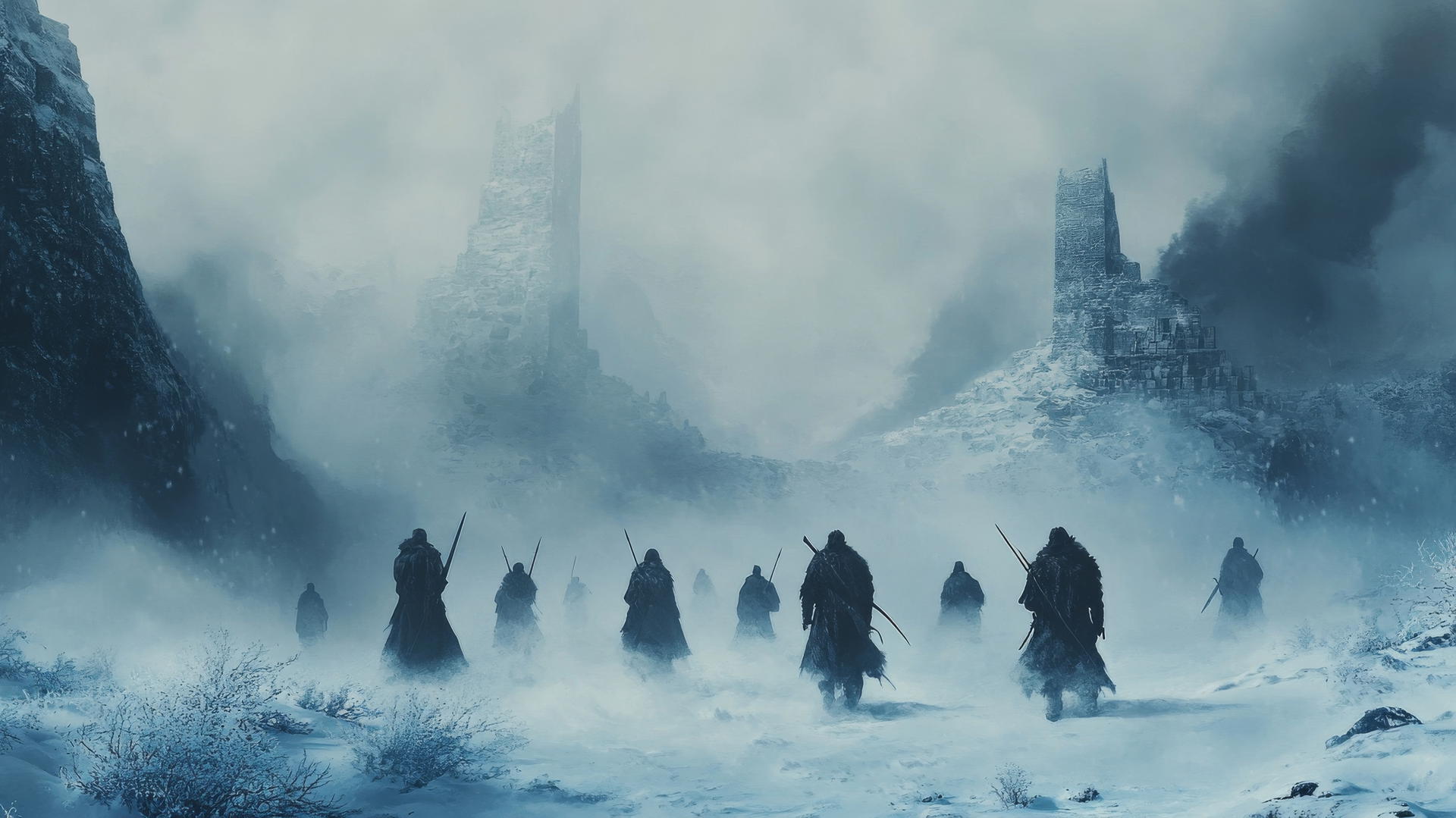 winter background wallpaper with ancient ruins, snow-covered battlefield, warriors in fur
