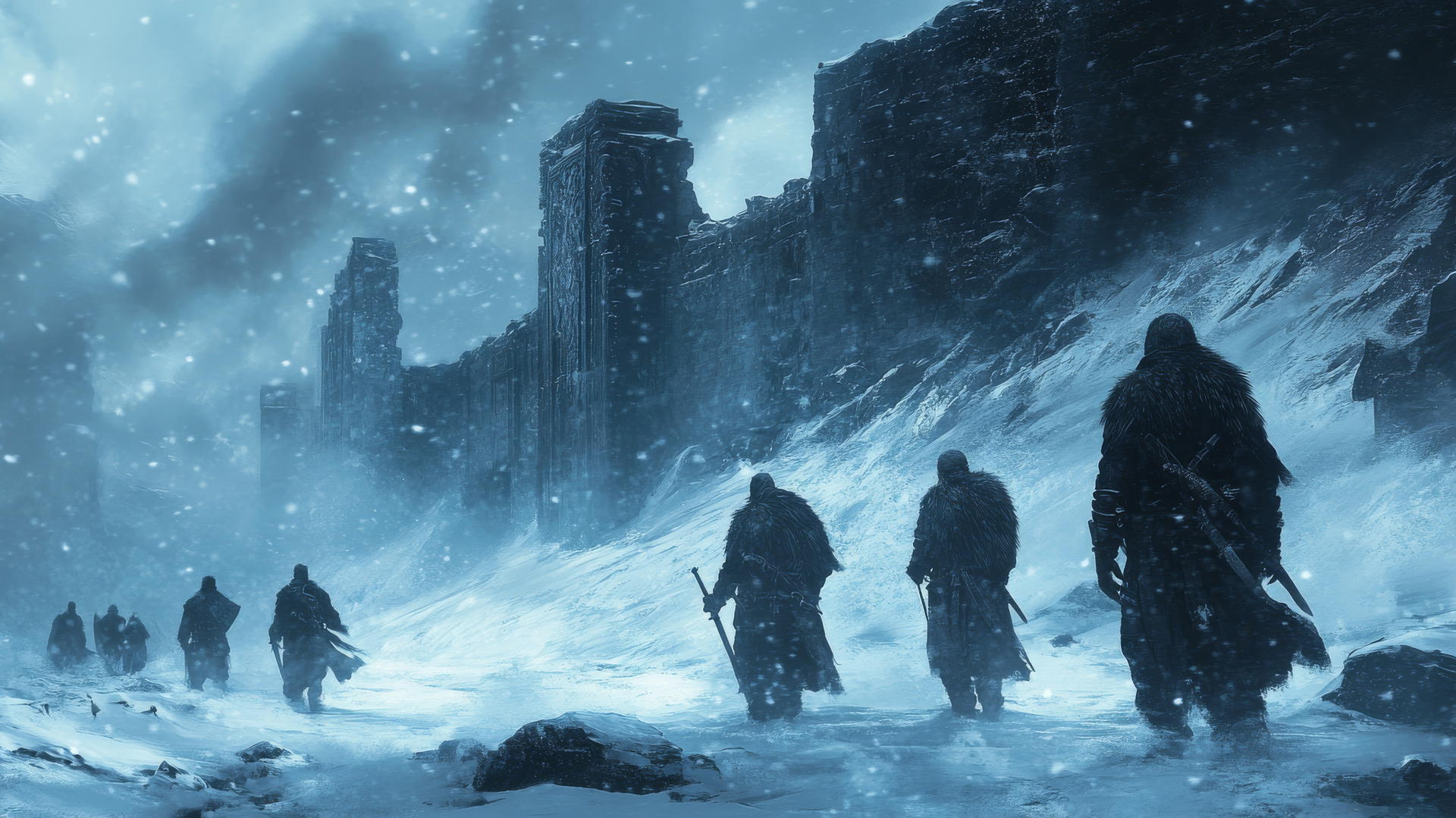 Winter background wallpaper with warriors in fur amid snowy ancient ruins