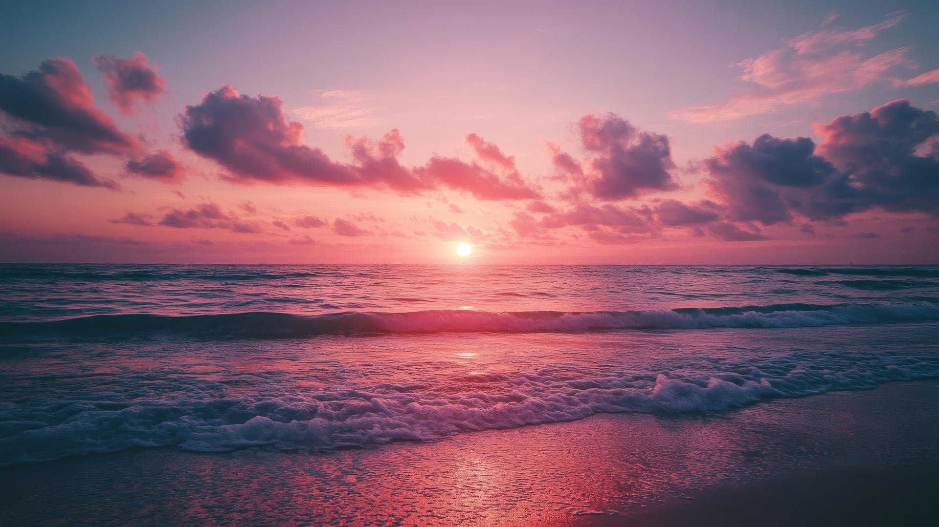 sunset beach wallpaper with rolling clouds and pink purple sky