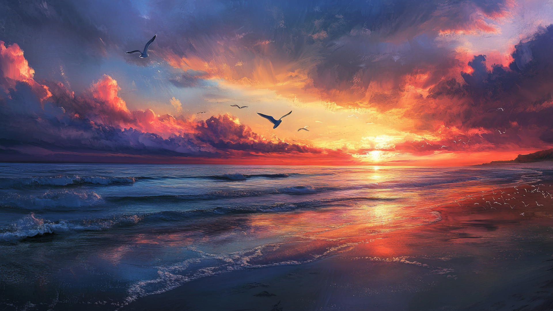 sunset beach wallpaper with seagulls and colorful sky