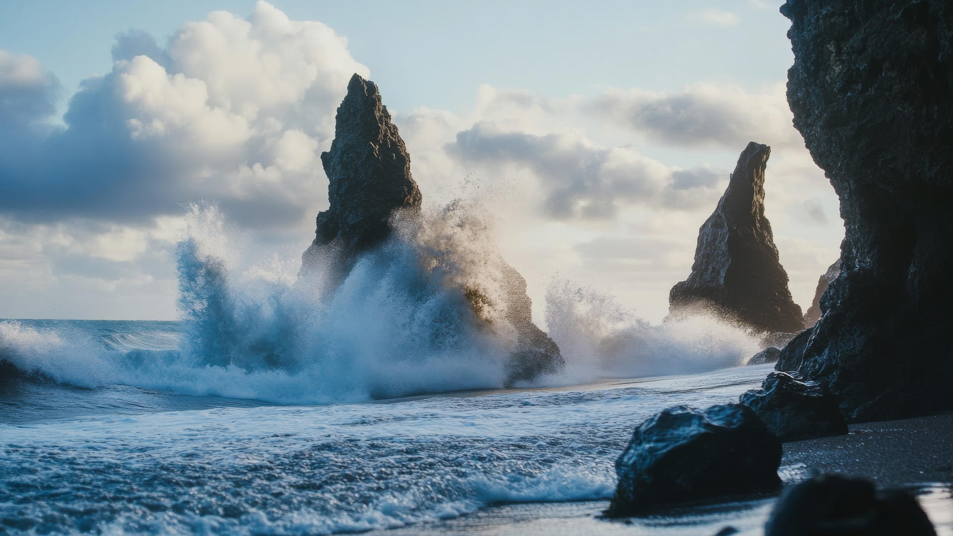 Beach wallpaper 4K with waves crashing against rocky formations