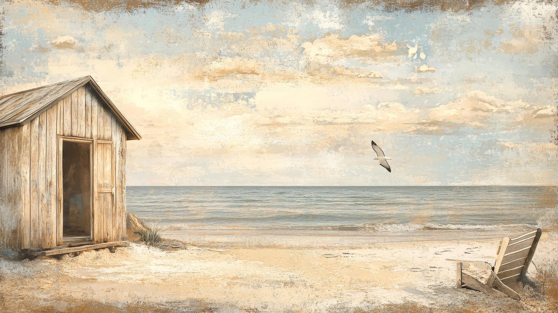Vintage-style beach themed wallpaper with retro beach cabins and muted tones