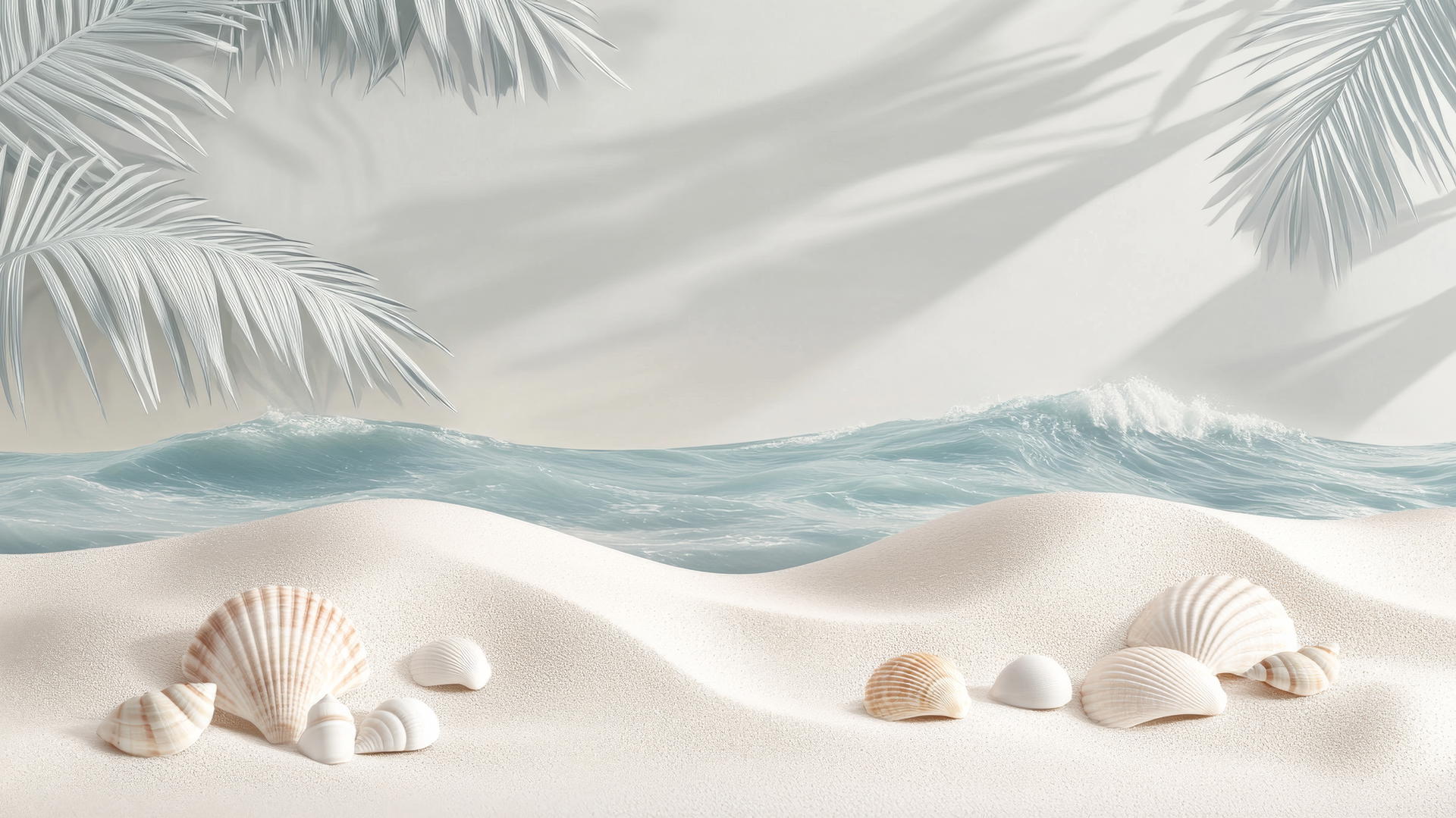 A modern beach theme wallpaper with stylized waves, minimal palm trees, and seashells.