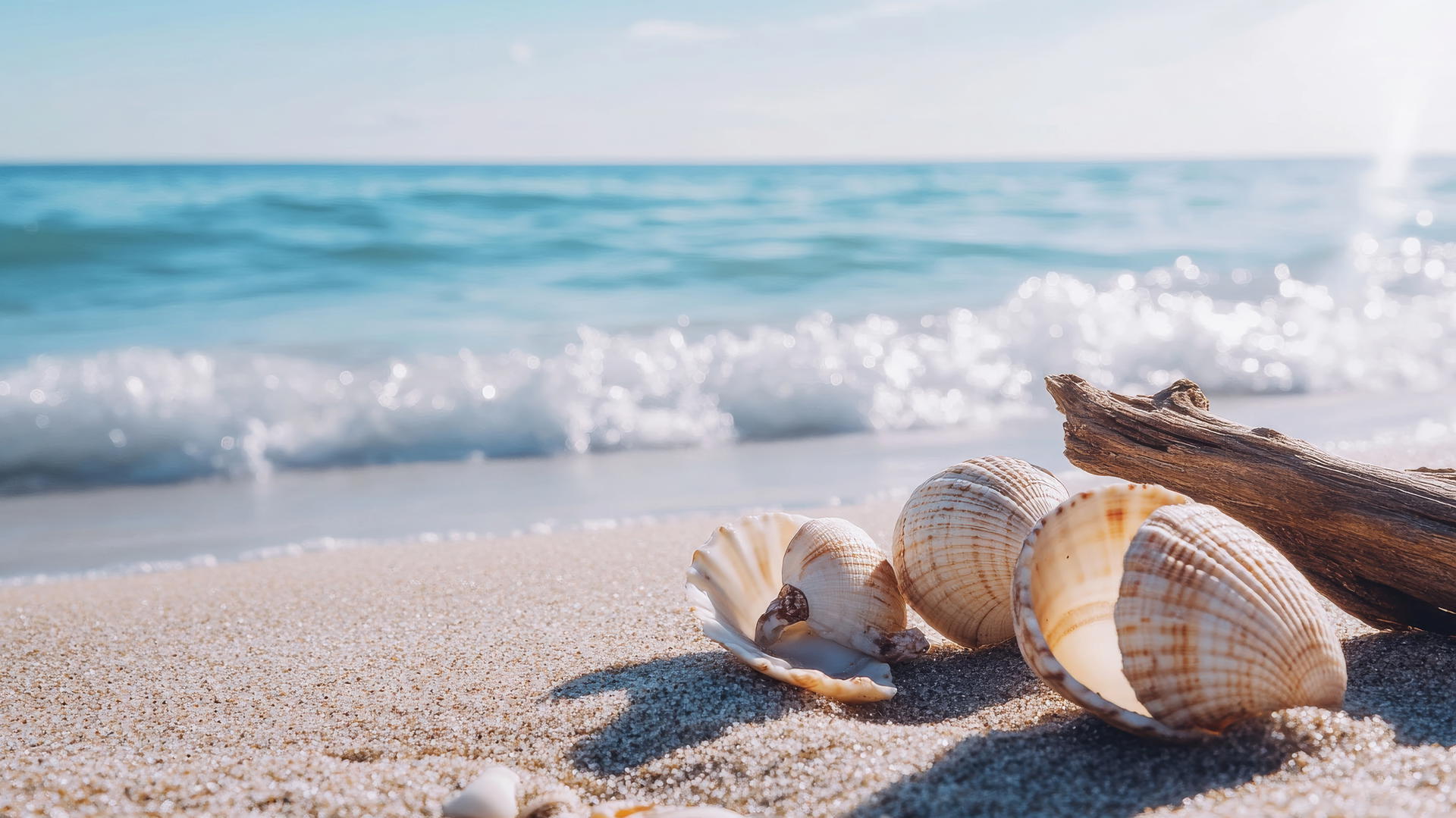 beach aesthetic wallpaper with golden sand, soft blue waters, seashells, and driftwood