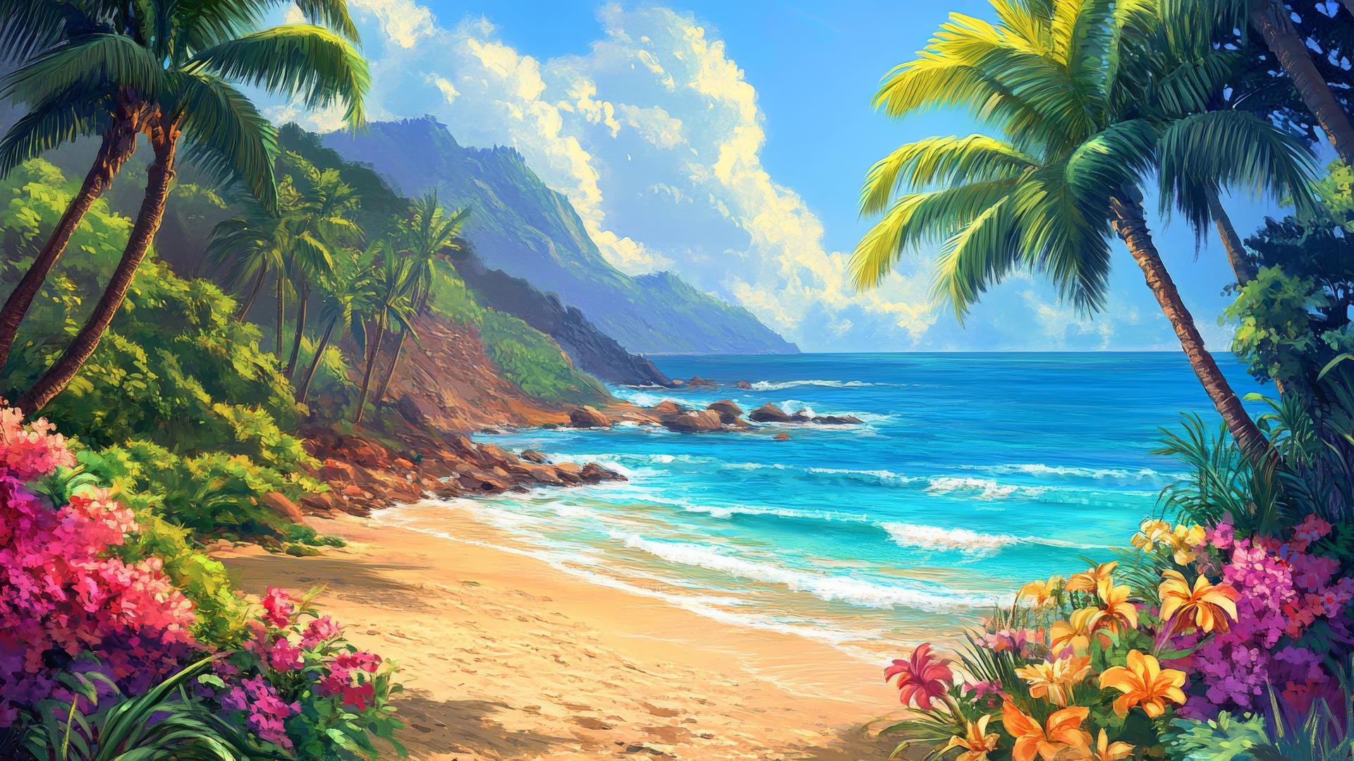 tropical beach wallpaper with lush palm trees, turquoise water, and bright flowers