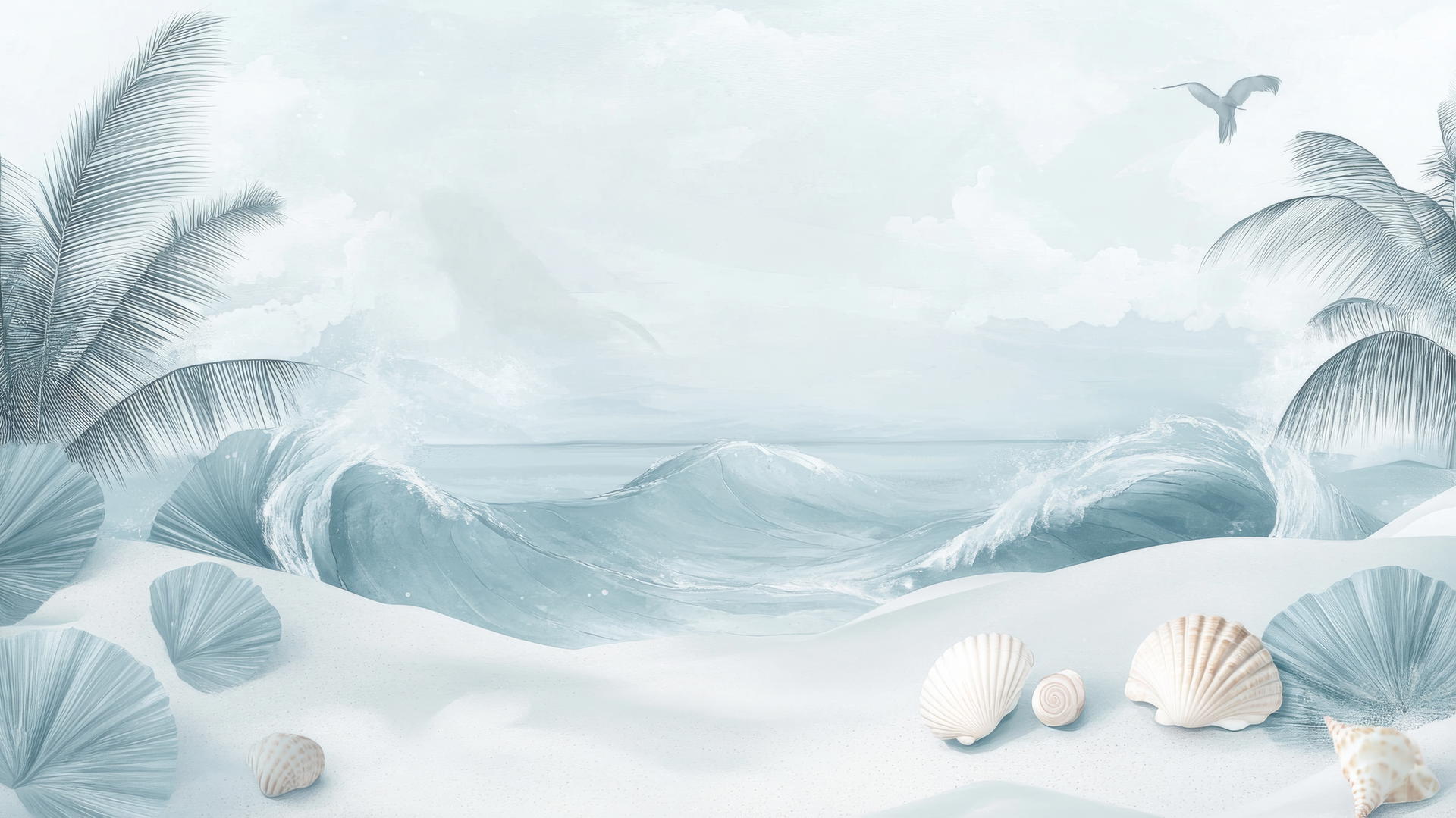 beach theme wallpaper with stylized waves, palm tree silhouettes, and seashells