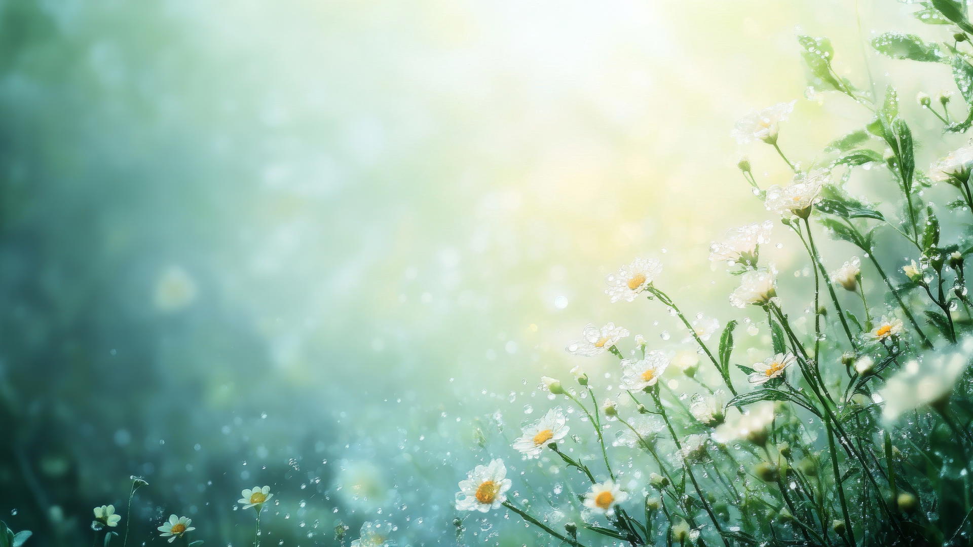 spring wallpaper of a misty morning with dew-covered flowers