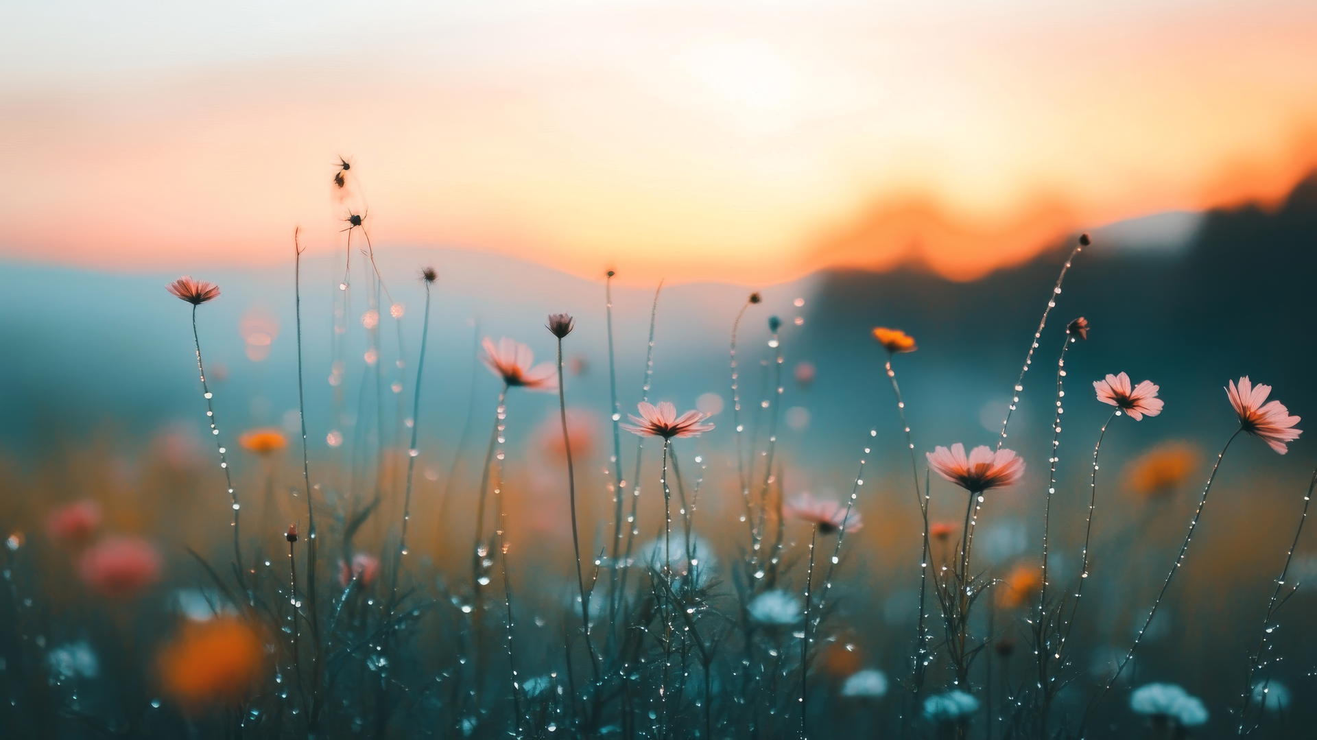 spring aesthetic wallpaper of wildflowers in a dewy meadow at sunrise
