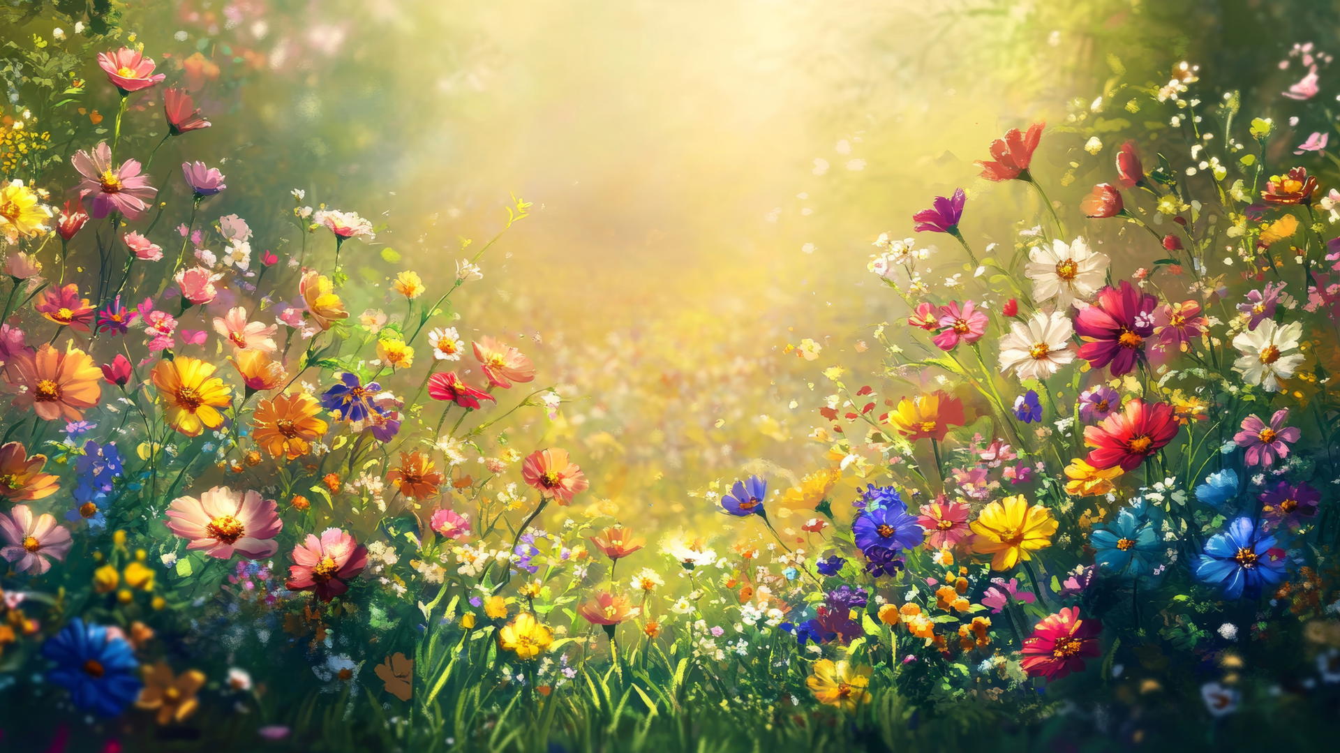 spring flowers wallpaper with a meadow of colorful blooming flowers and soft sunlight