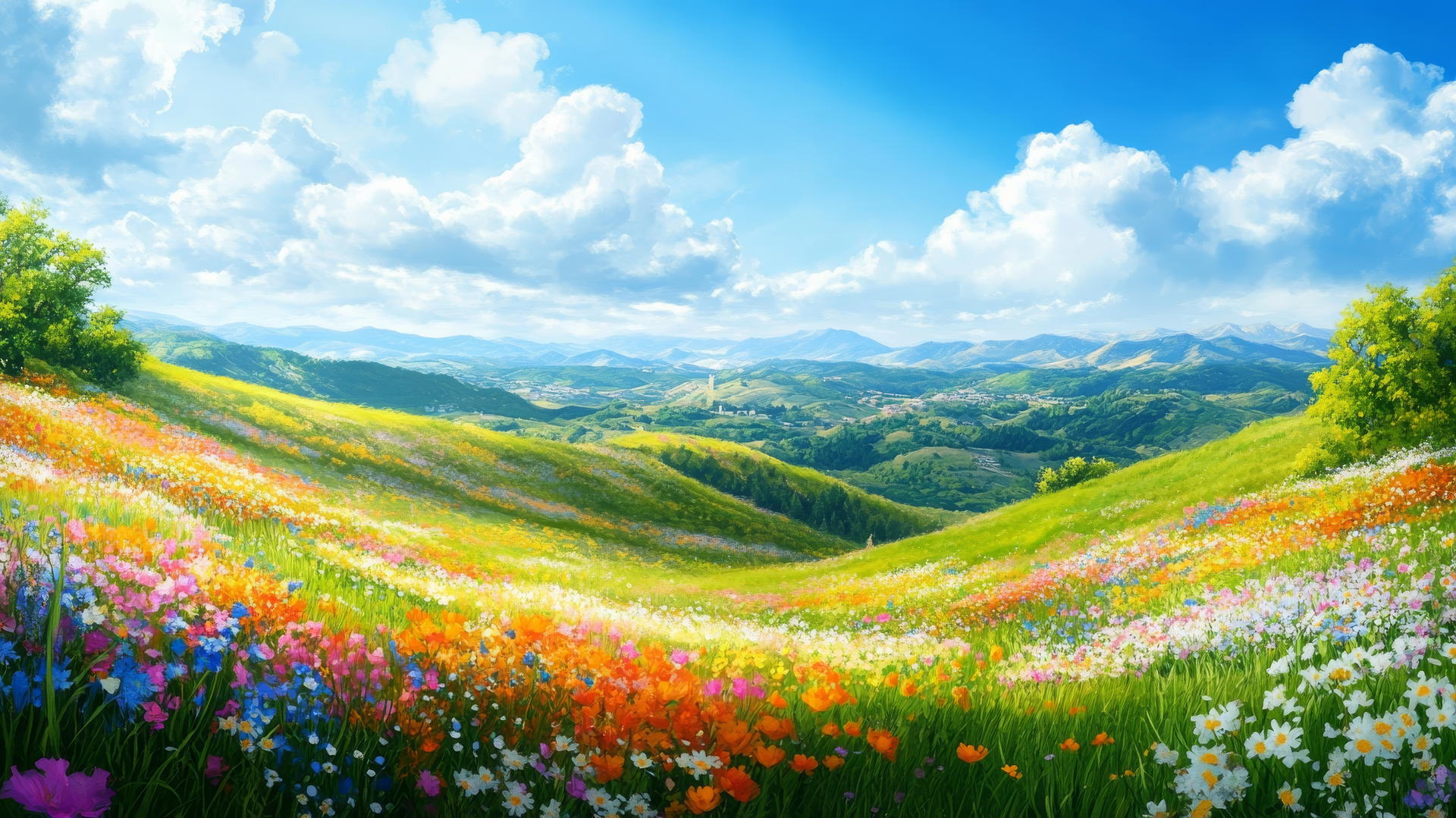 spring flowers wallpaper with rolling hills and vibrant blooms