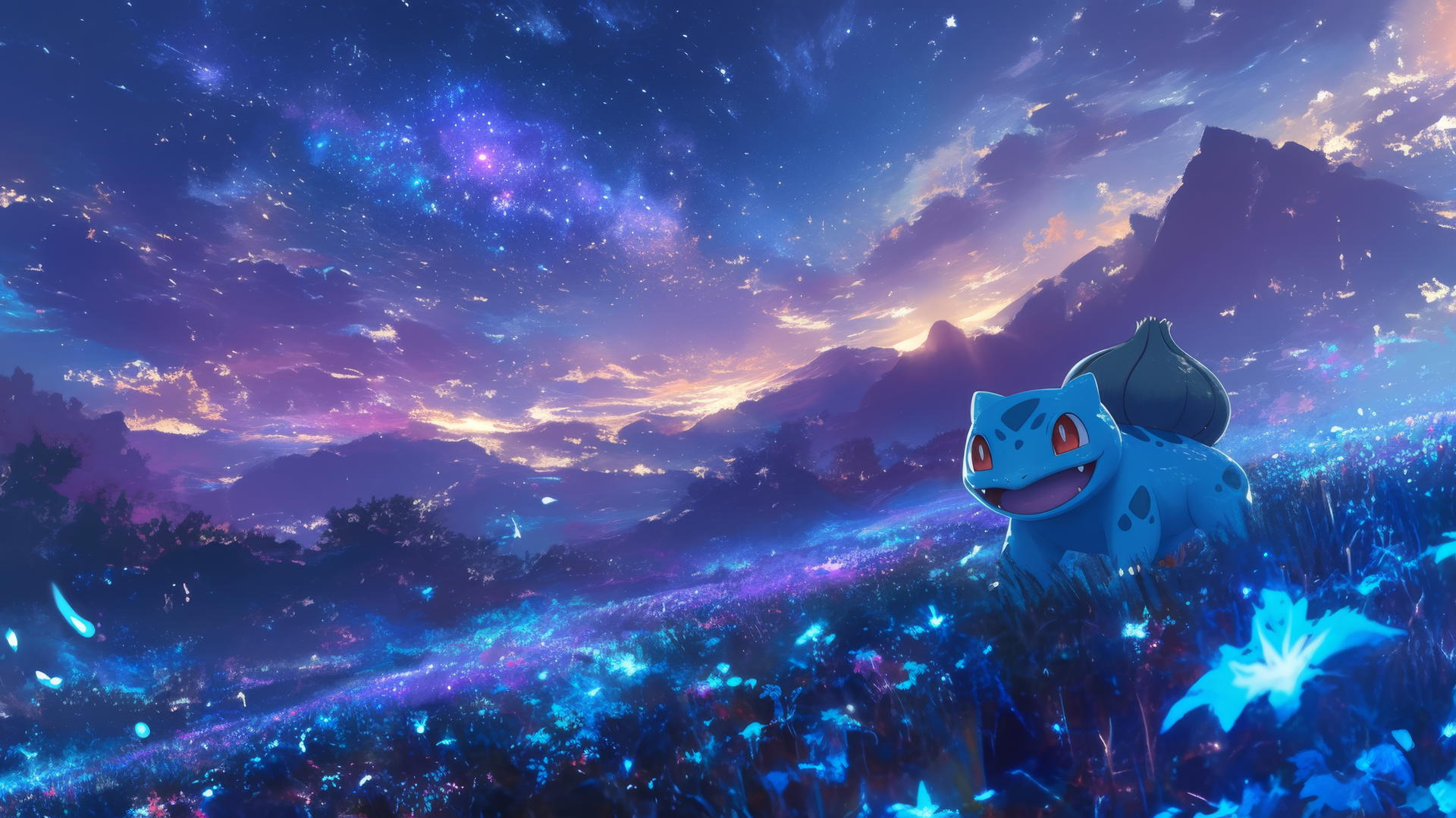 Pokemon Bulbasaur running through a meadow under a starry sky