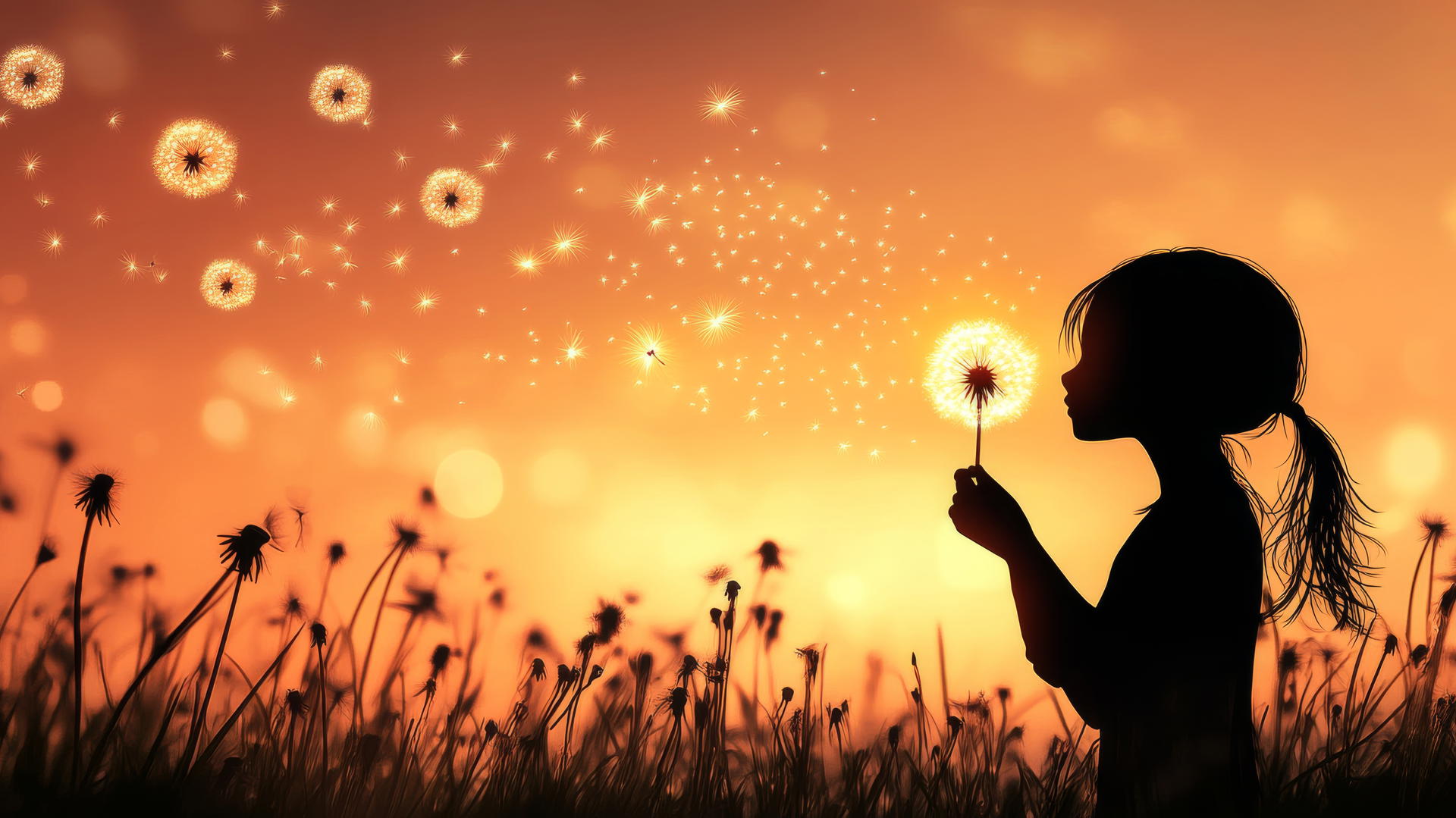 Silhouette of a girl blowing glowing dandelions with seeds sparkling against a sunset sky.