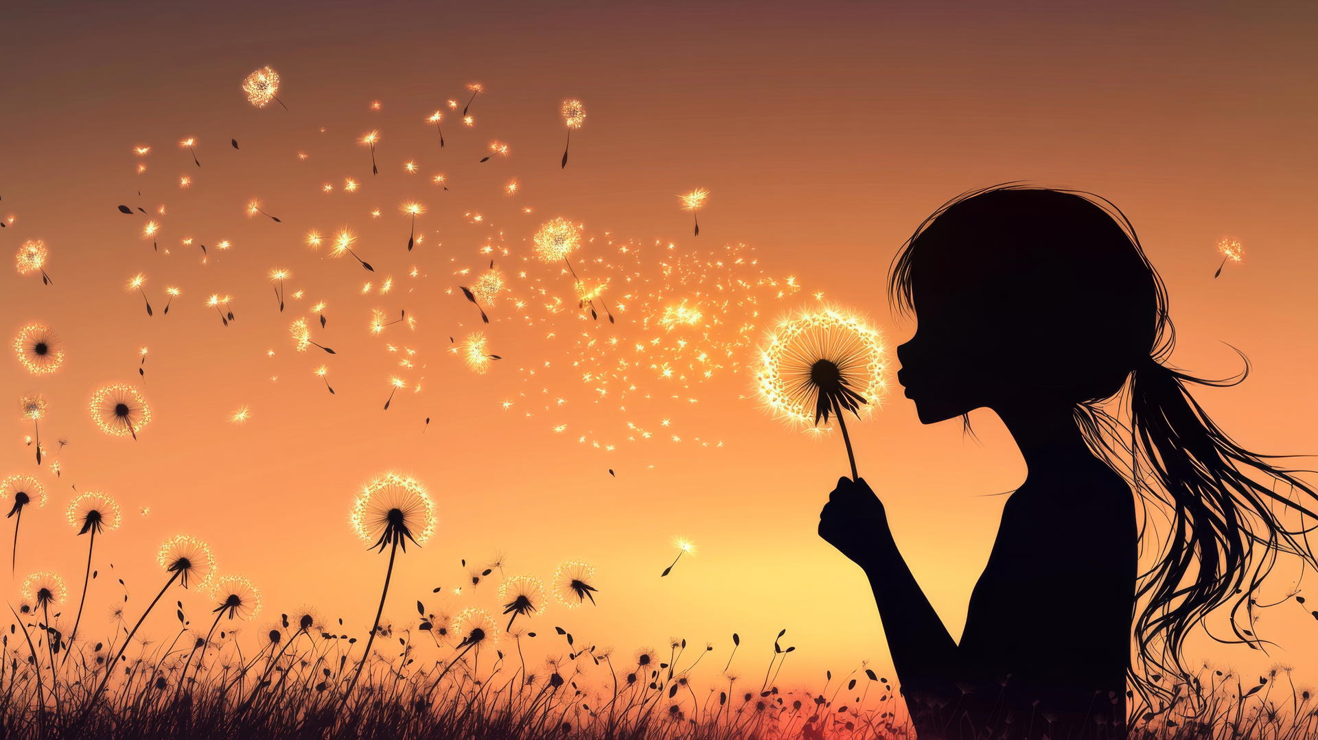 Silhouette of girl blowing glowing dandelions at sunset