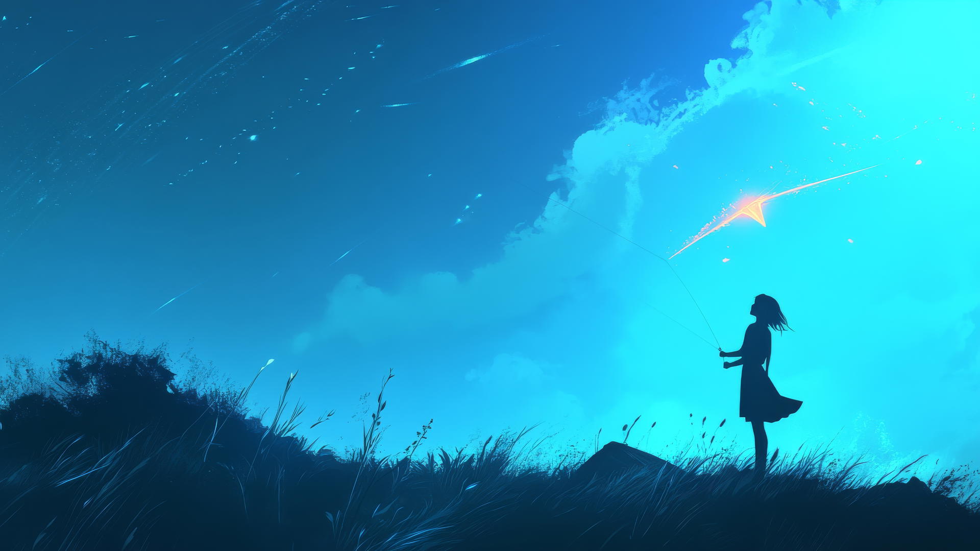Girl flying a glowing kite with soft light streaks in the sky and minimalistic landscape