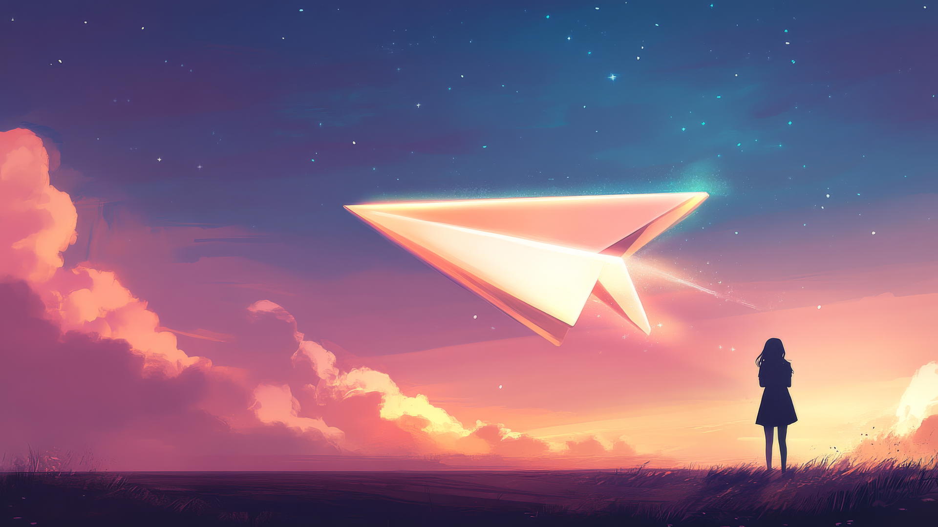 Glowing paper airplane flying through pastel sky with girl watching below