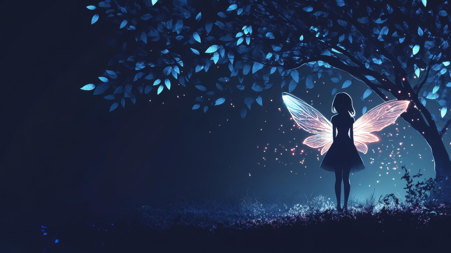 Minimalist silhouette of a girl with glowing fairy wings under a neon-lit tree