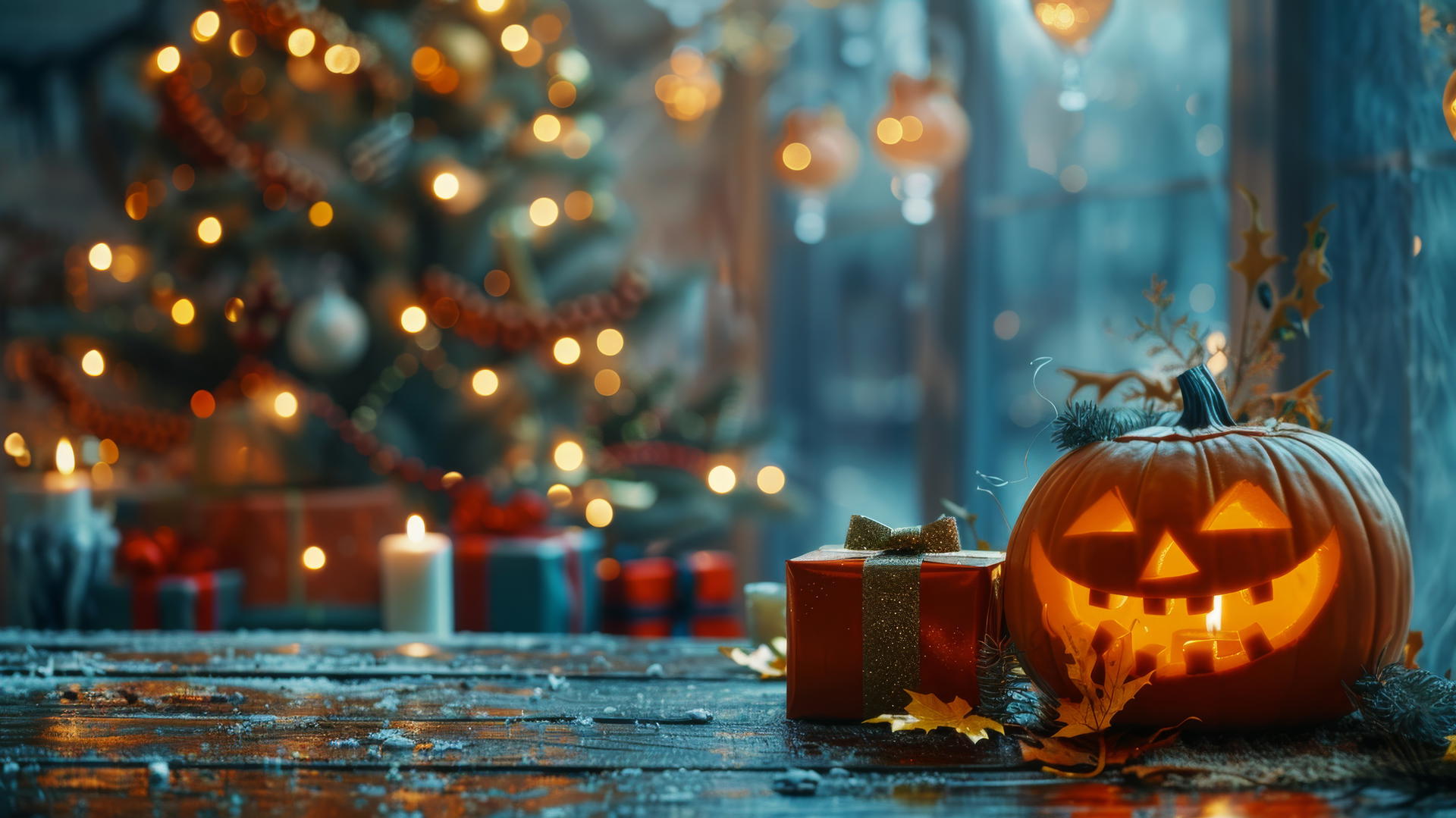 Christmas tree and gifts with Halloween pumpkin and candles