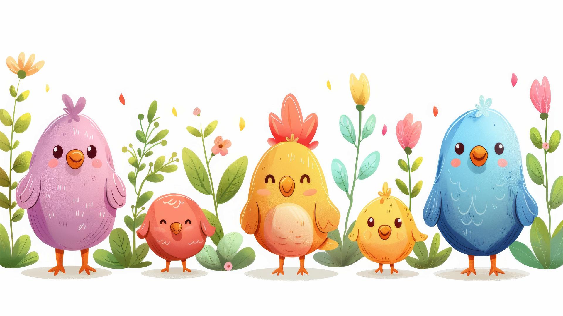 Kawaii style hens, flowers, seeds with cute faces in pastel colors