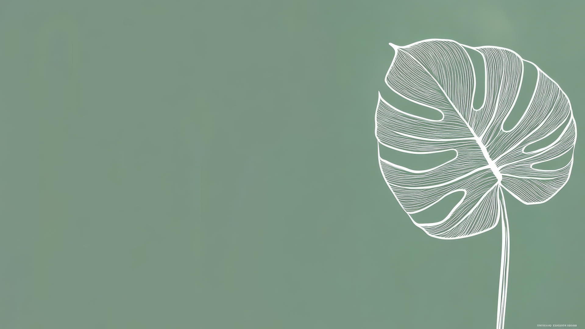 Sage green aesthetic wallpaper with a white line art monstera leaf