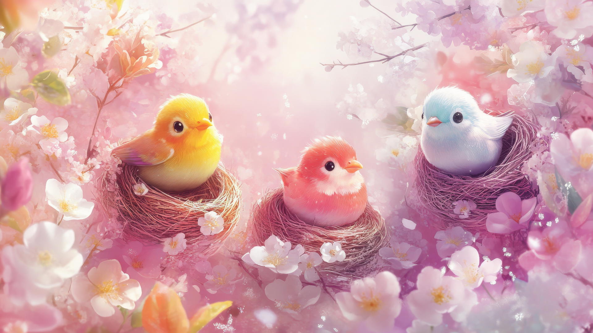 cute spring wallpaper with tiny birds in colorful nests and blossoming flowers