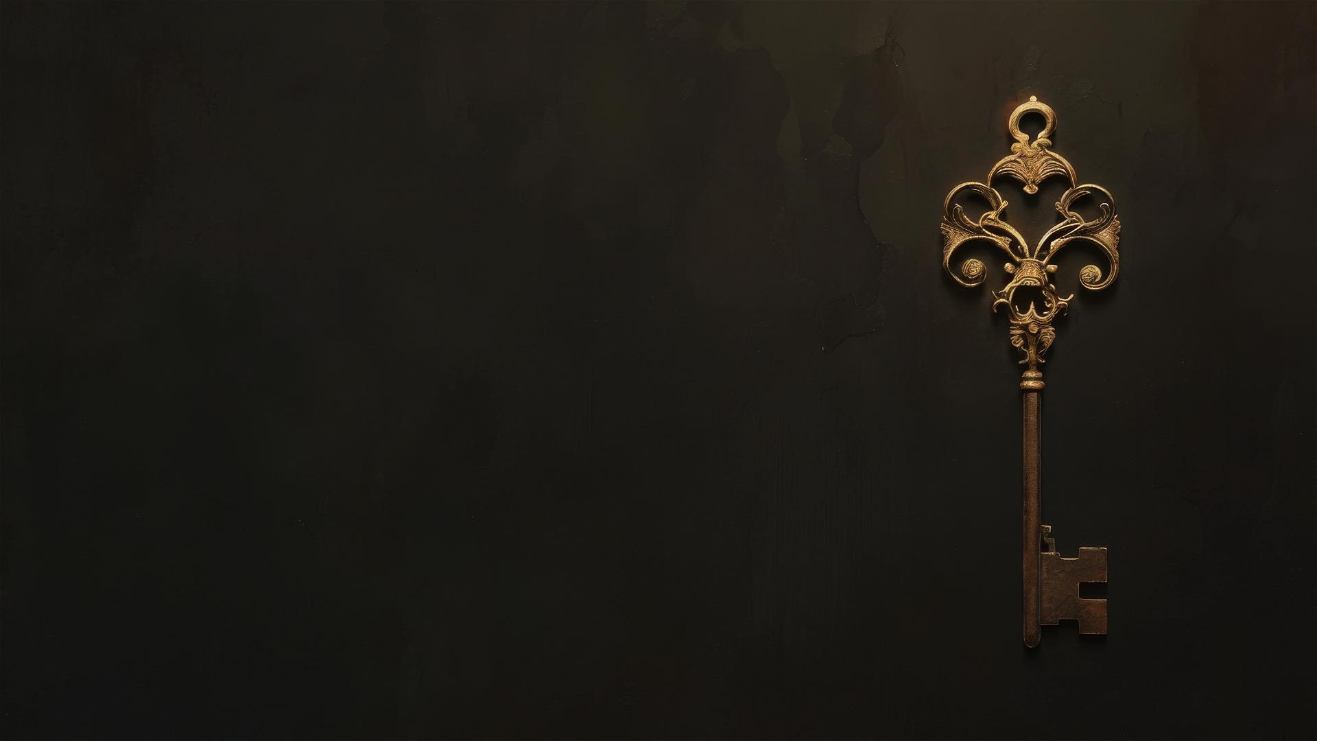 Faint outline of an old iron key on a pure black background