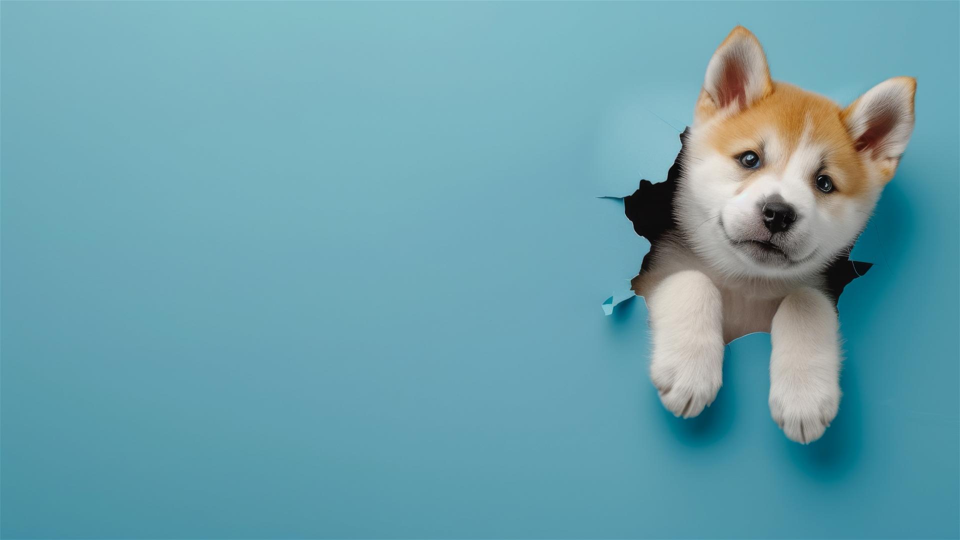 Colorful Akita dog peeking through a hole in a sky blue paper backdrop
