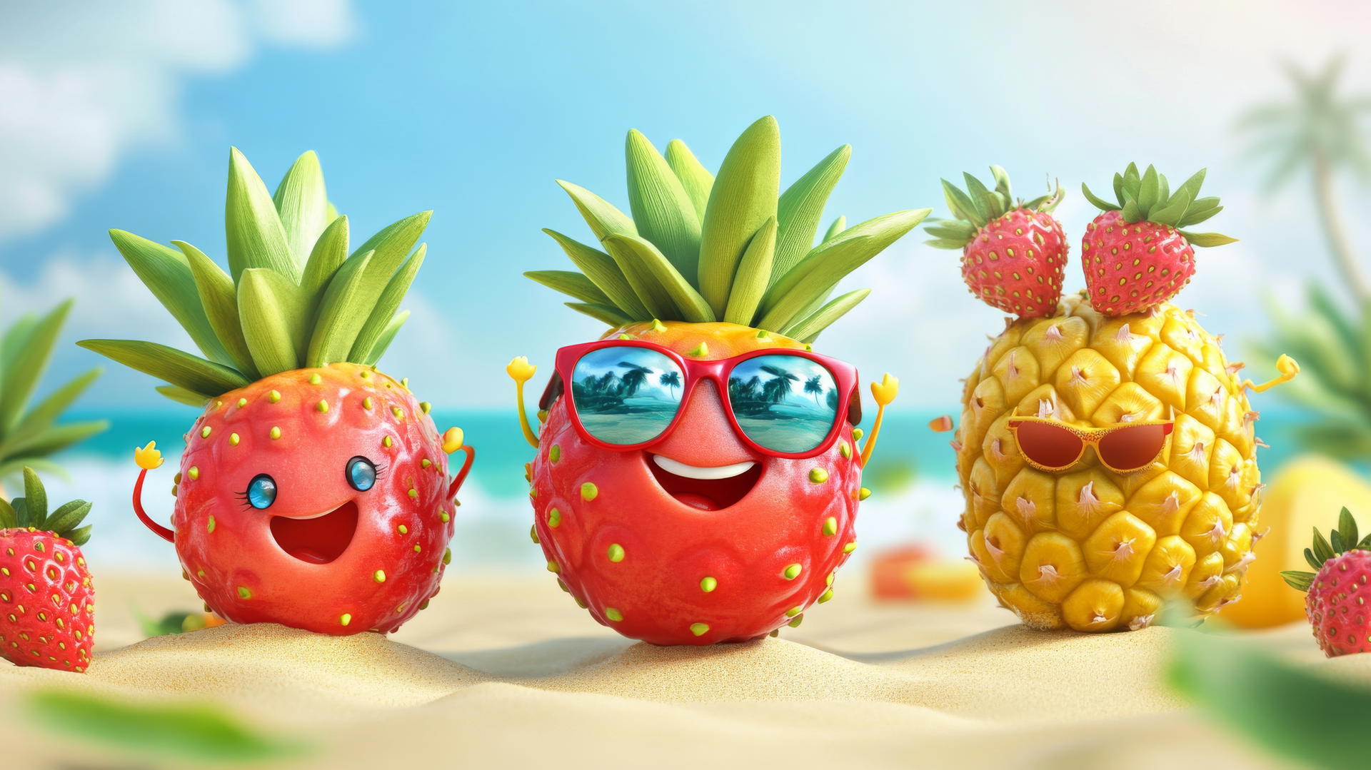cute summer wallpaper with anthropomorphized fruits like smiling strawberries, pineapples with sunglasses, and dancing watermelons