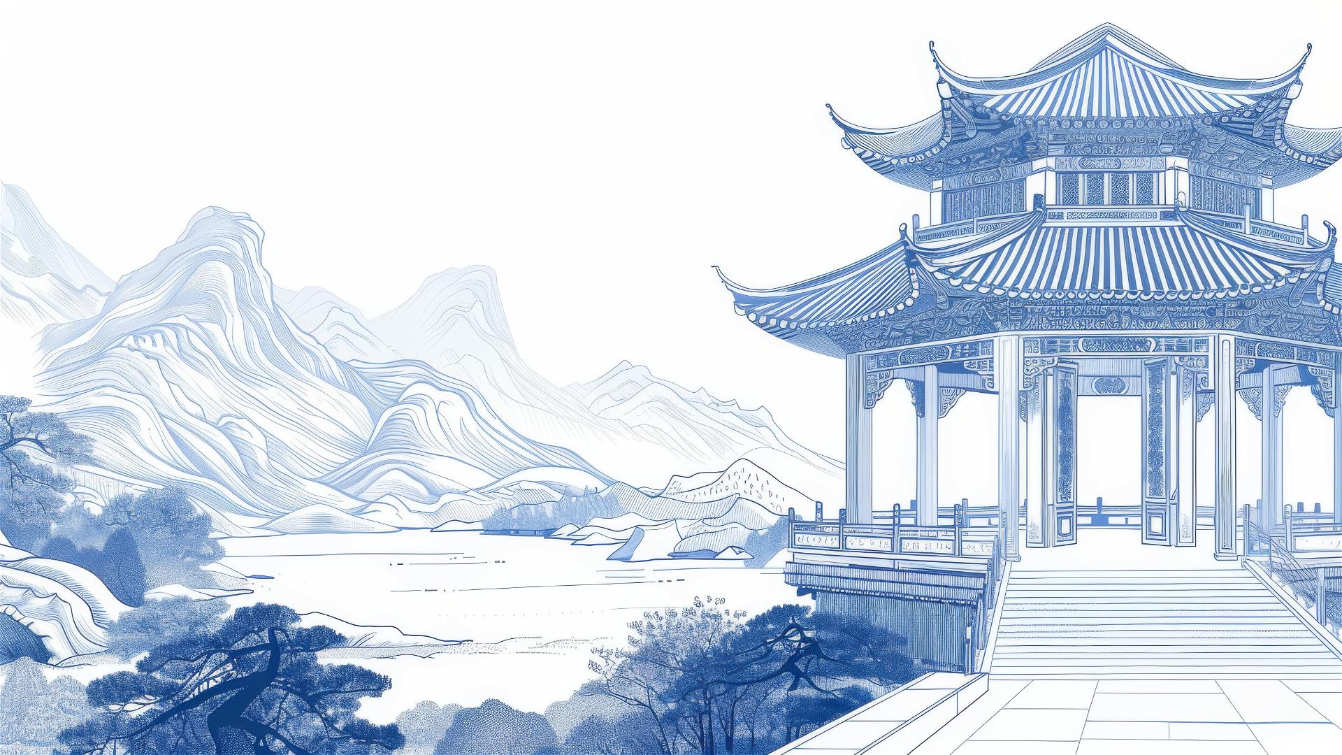 Minimalist illustration with engraved line-work featuring Chinese pavilions in blue and white.