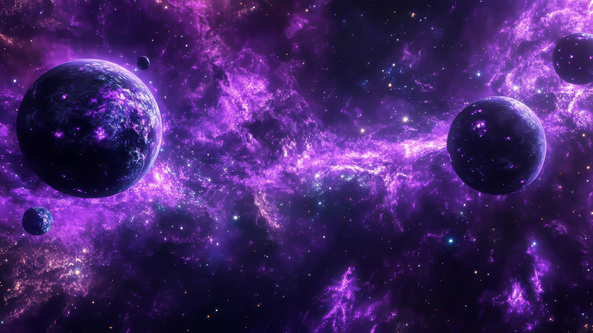 purple aesthetic wallpaper 4k with galaxies, stars, and planets in deep purple and black hues