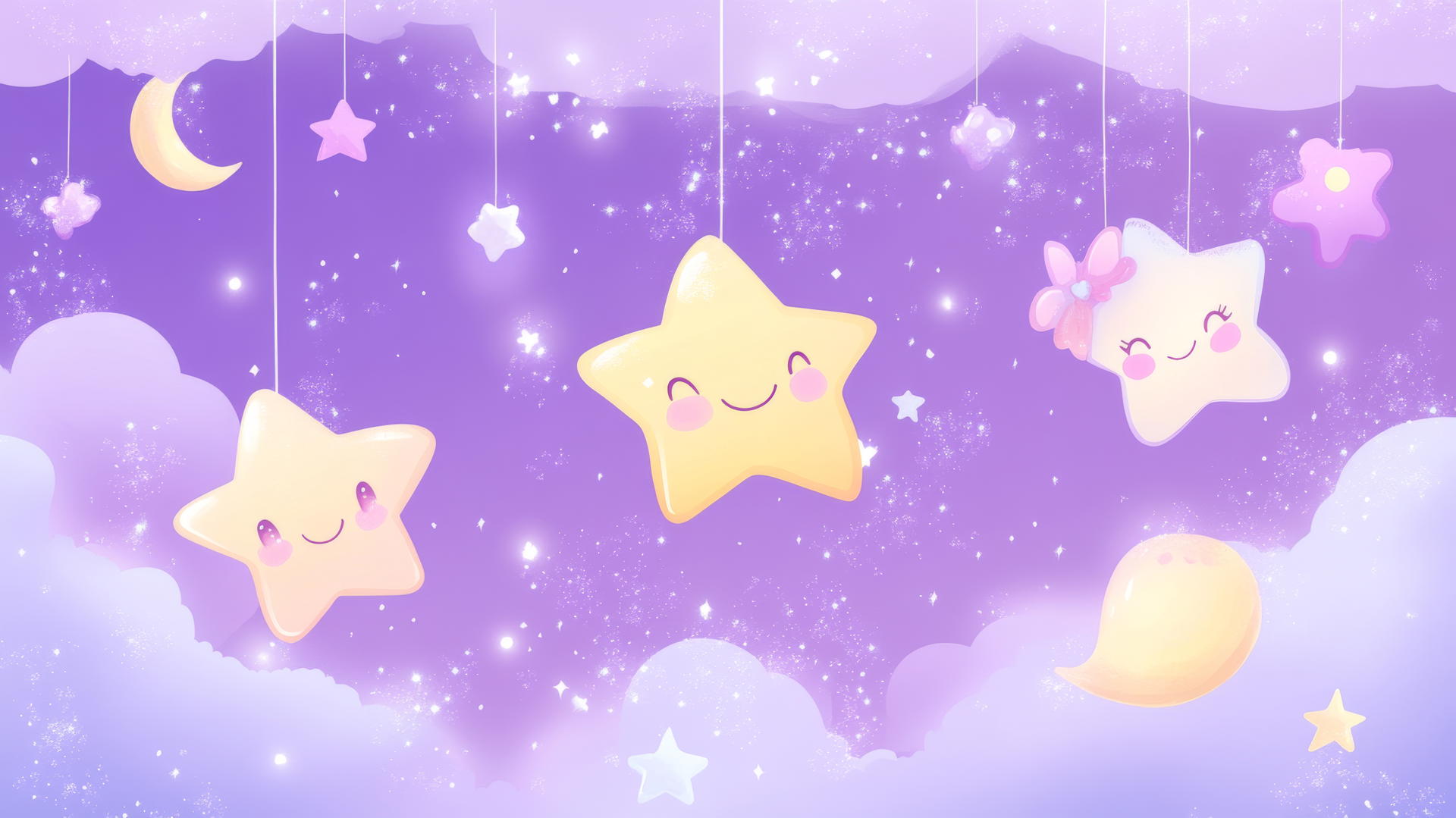 Cute purple wallpaper with kawaii smiling stars, moons, pastel clouds, and sparkles.