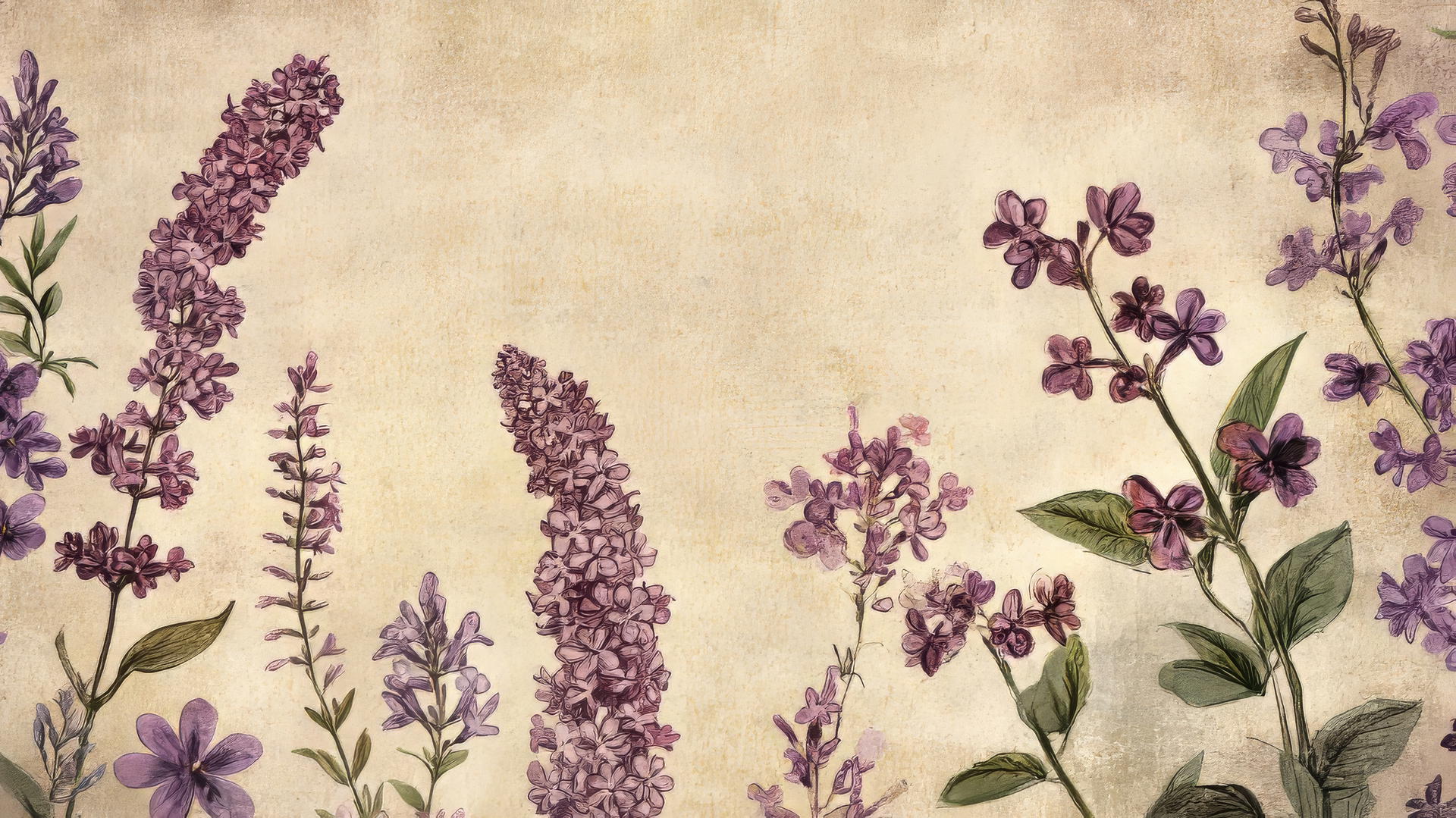 Vintage-inspired purple flower wallpaper with hand-drawn botanical illustrations