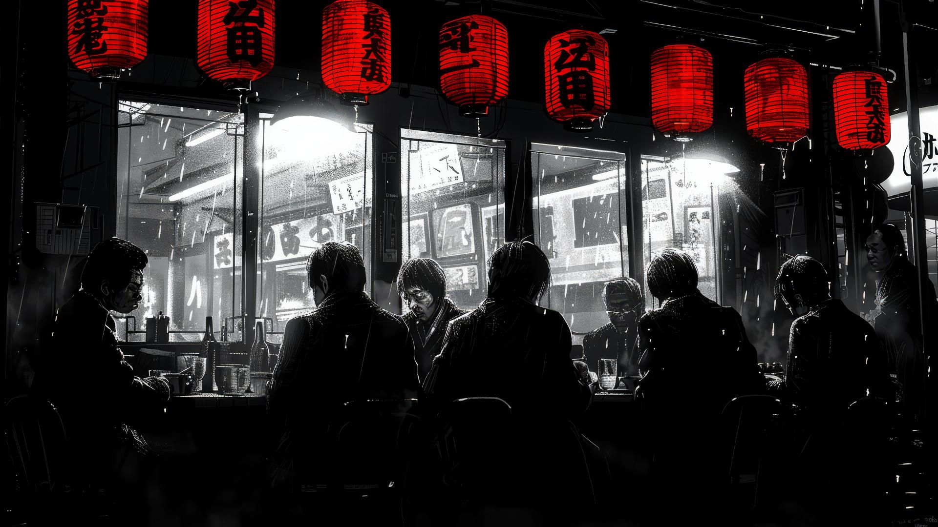 Yakuza men dining in a Japanese ramen restaurant, in black and white.