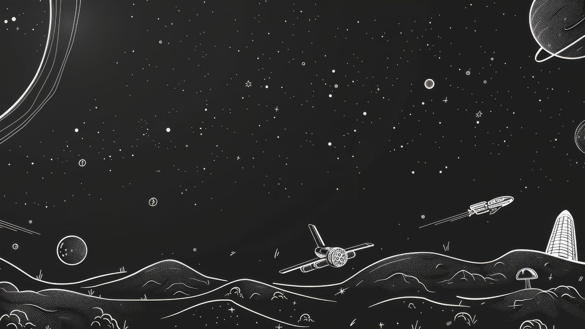 Simple black backdrop with spaceships and celestial bodies sketched along the edges, central area left blank.