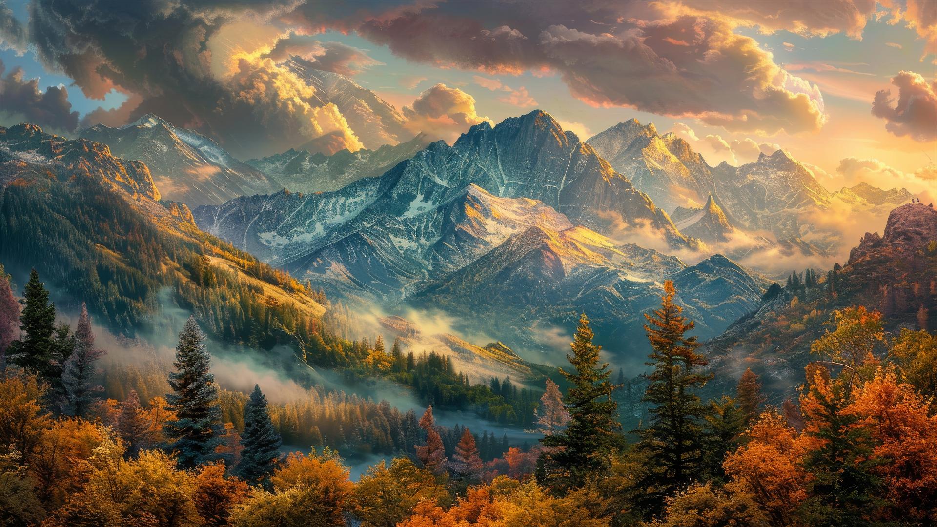 Vivid painting of mountains in gray and amber hues