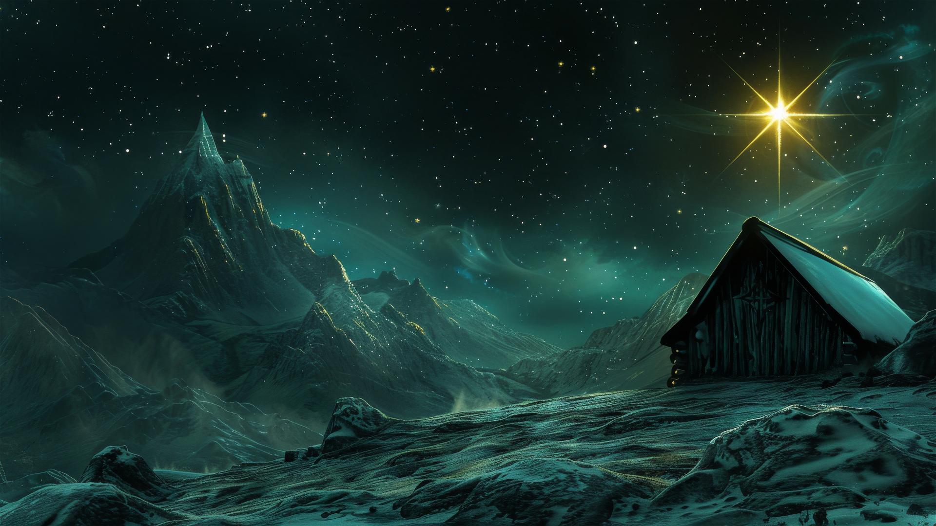 Christmas star above a cabin near mountains, religious theme, chiaroscuro, dark cyan and light brown