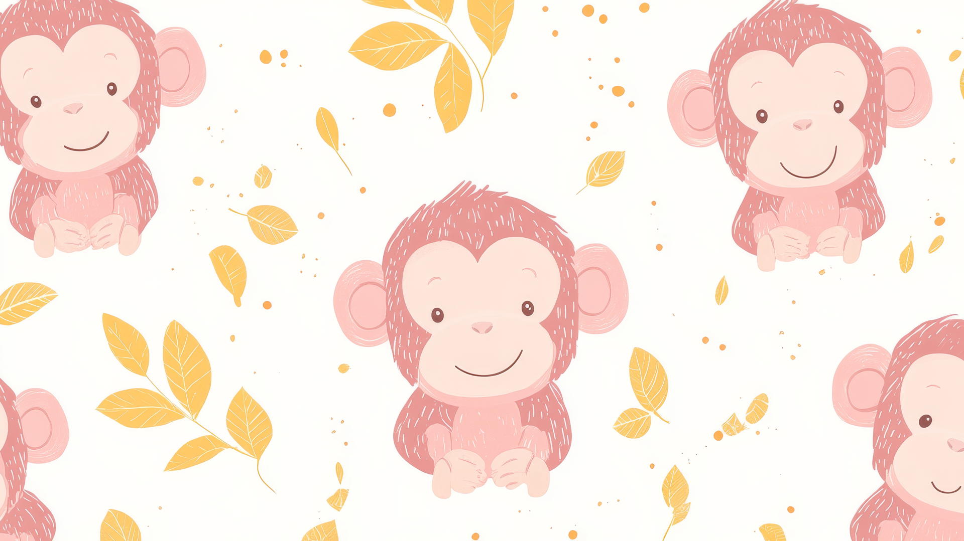 Preppy wallpaper of pink cartoon monkeys with yellow leaves on white