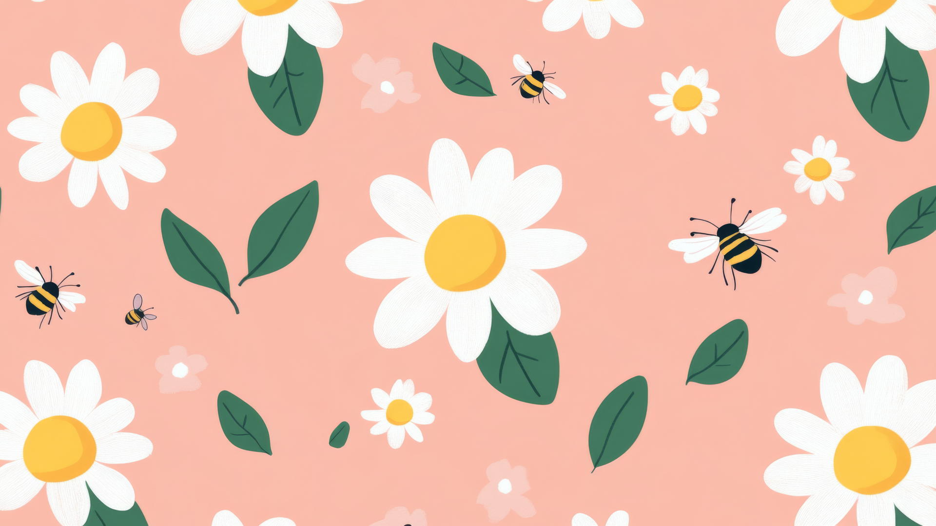 preppy wallpaper with white daisies, green leaves, and bees on pastel pink