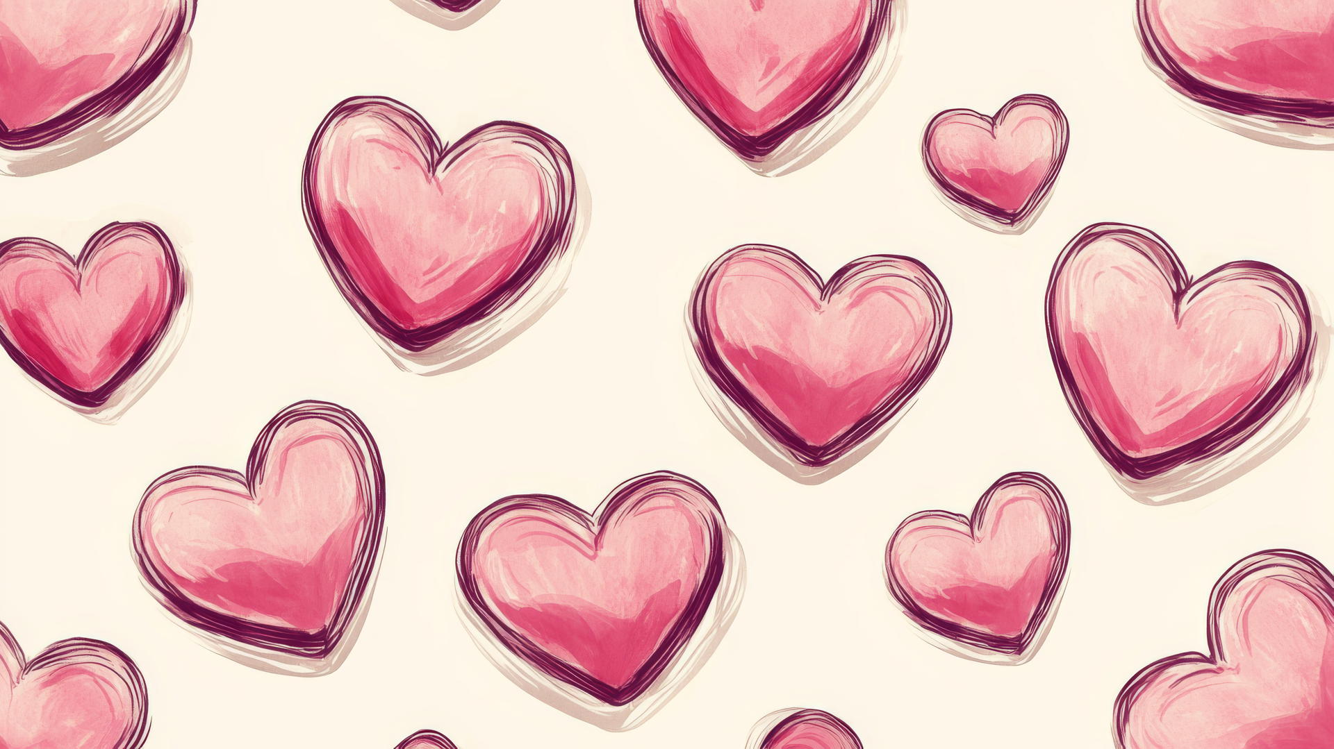 seamless pattern of pink hearts on a cream background, hand-drawn style, pink preppy wallpaper