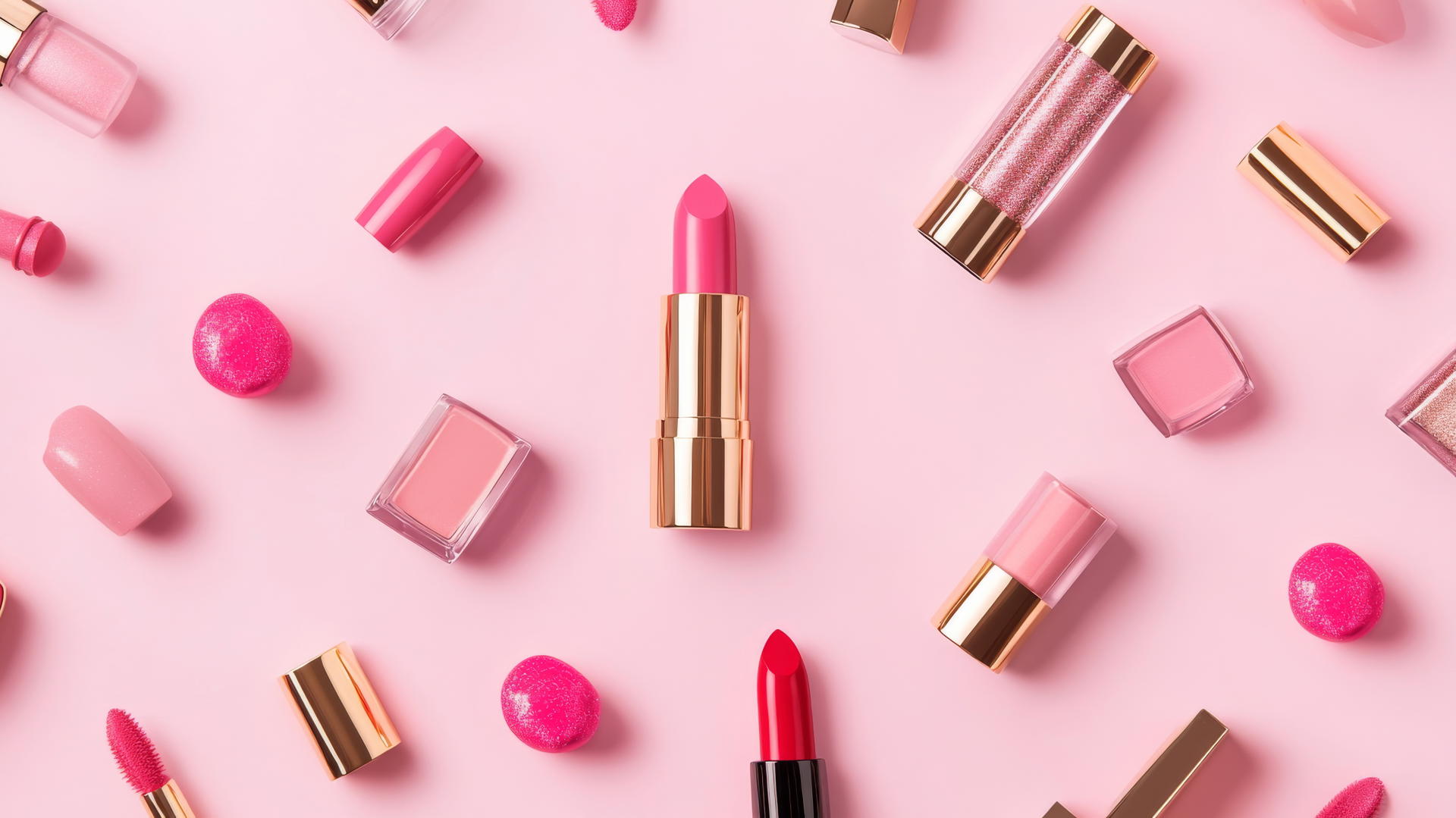 preppy wallpaper pink with chic pink and gold makeup items on light pink background