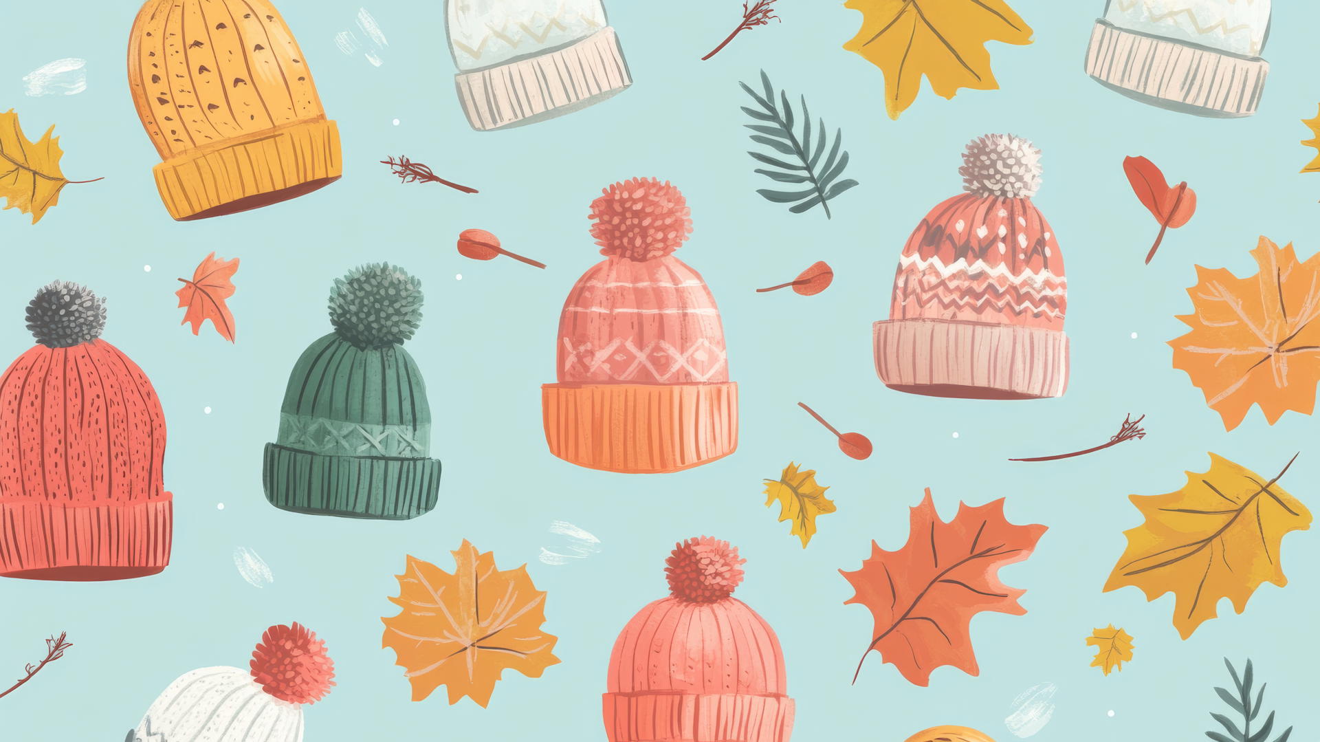preppy fall wallpaper with knit hats, mittens, and scarves on pastel teal