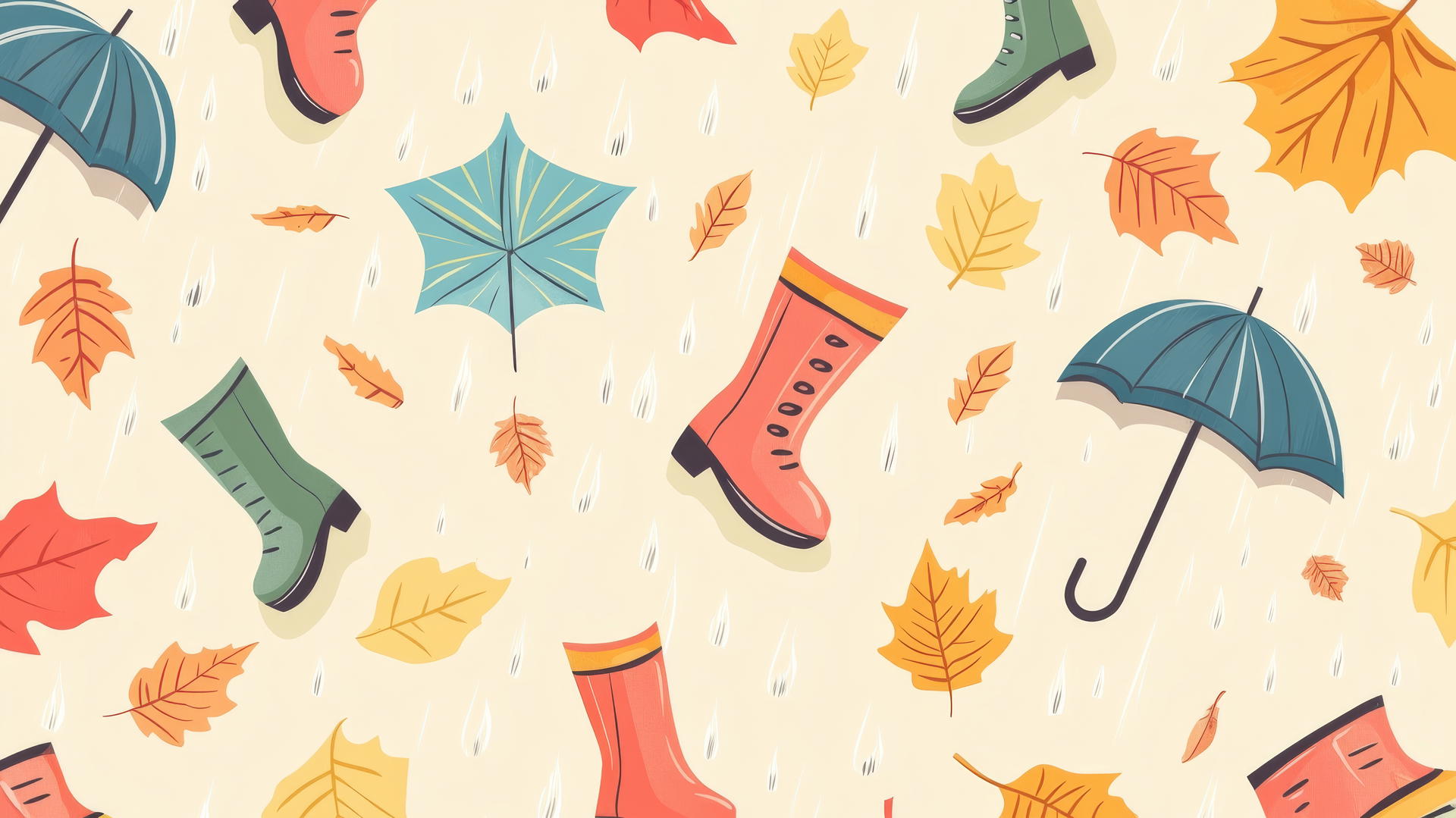 preppy fall wallpaper with cute rain boots, umbrellas, and falling leaves on a light yellow background