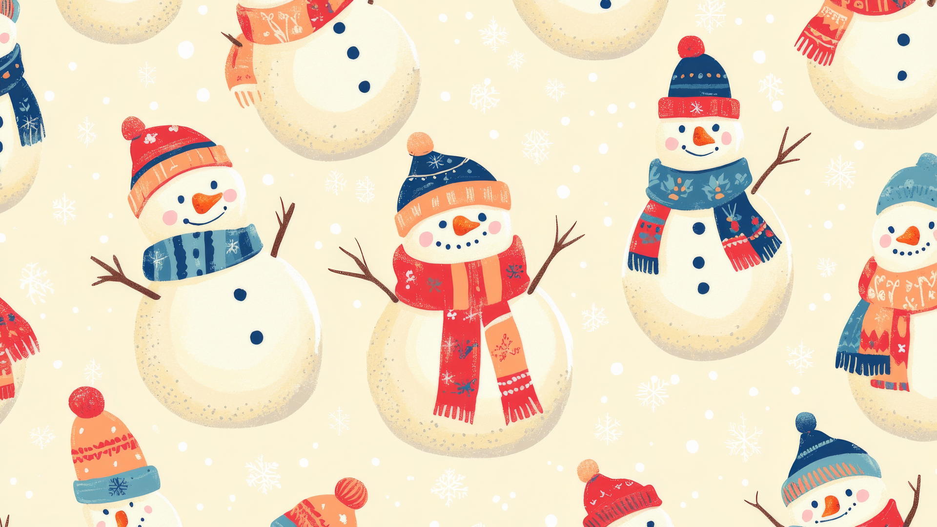 Preppy winter wallpaper with colorful scarves on cheerful snowmen on pale yellow background