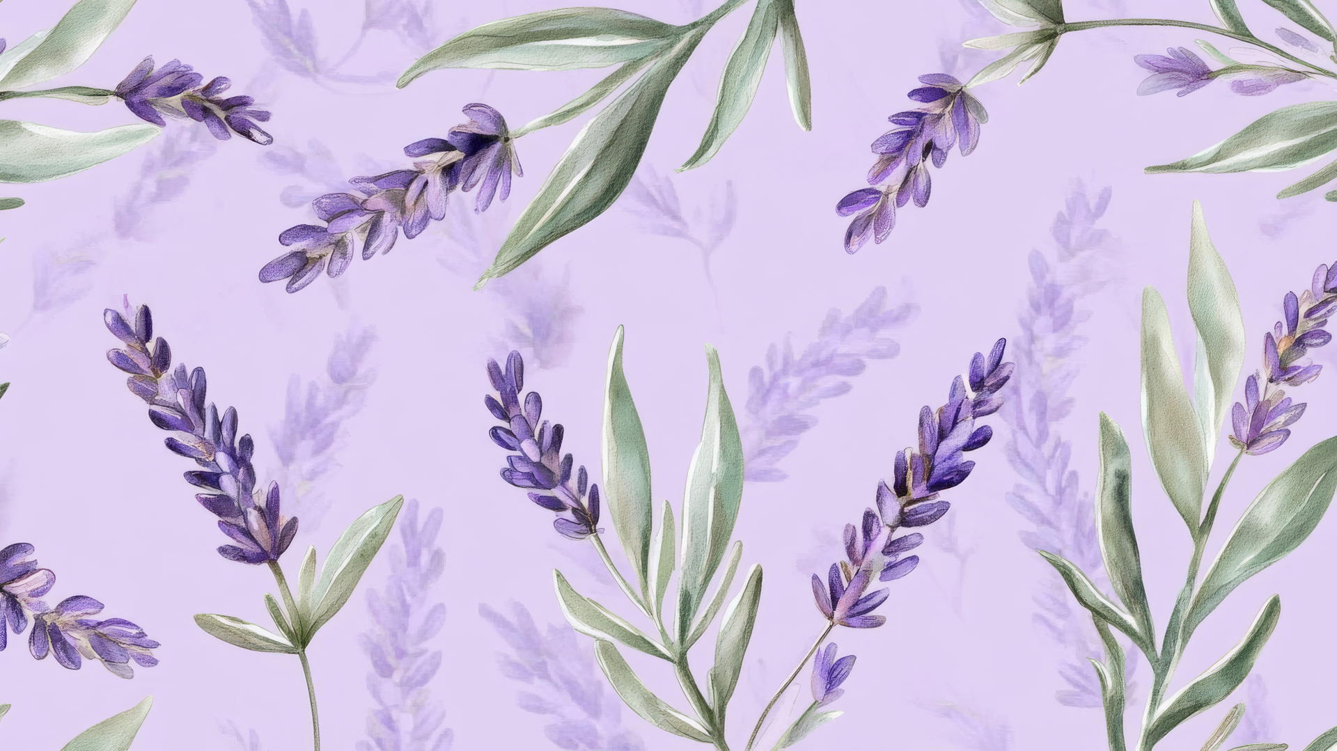 preppy purple wallpaper with watercolor lavender sprigs and green leaves on soft purple background