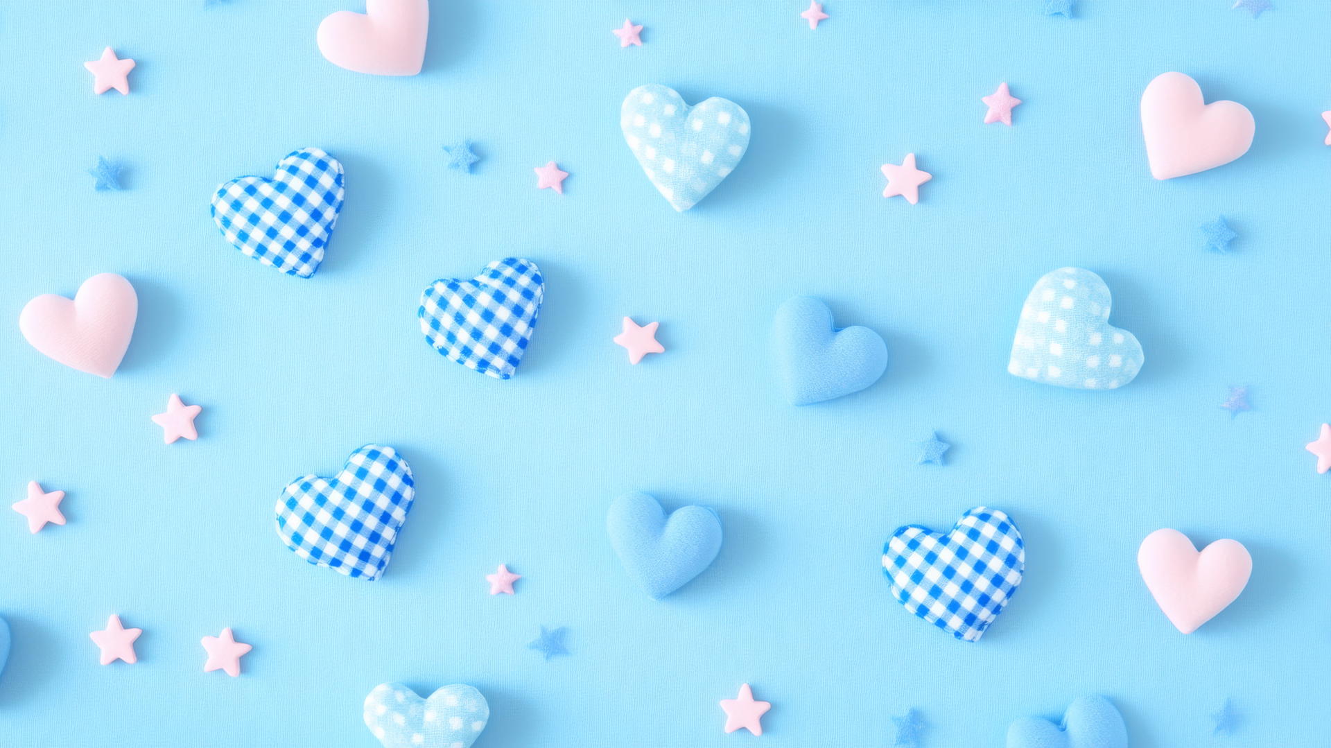 preppy blue wallpaper with blue and white checkered hearts and pastel pink stars