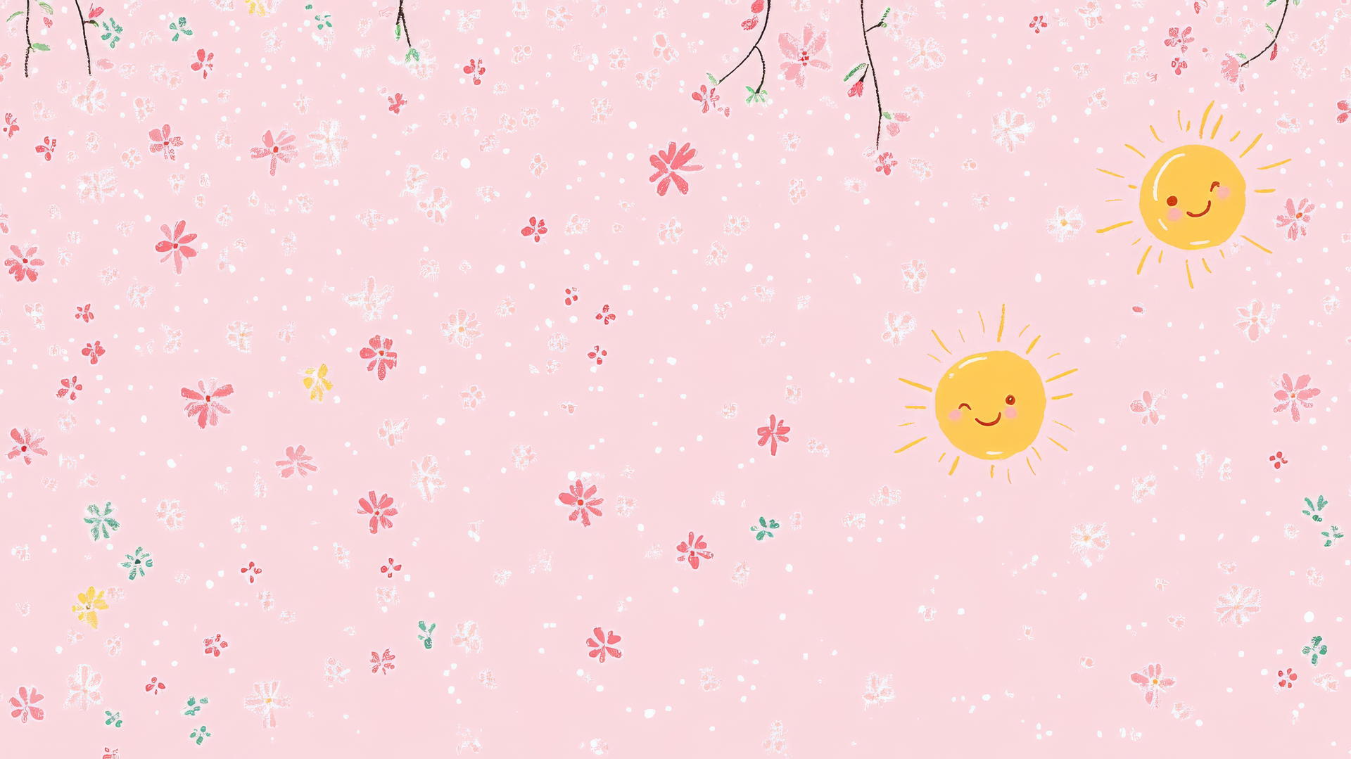 pink cute wallpaper with tiny floral patterns and a small, smiling sun