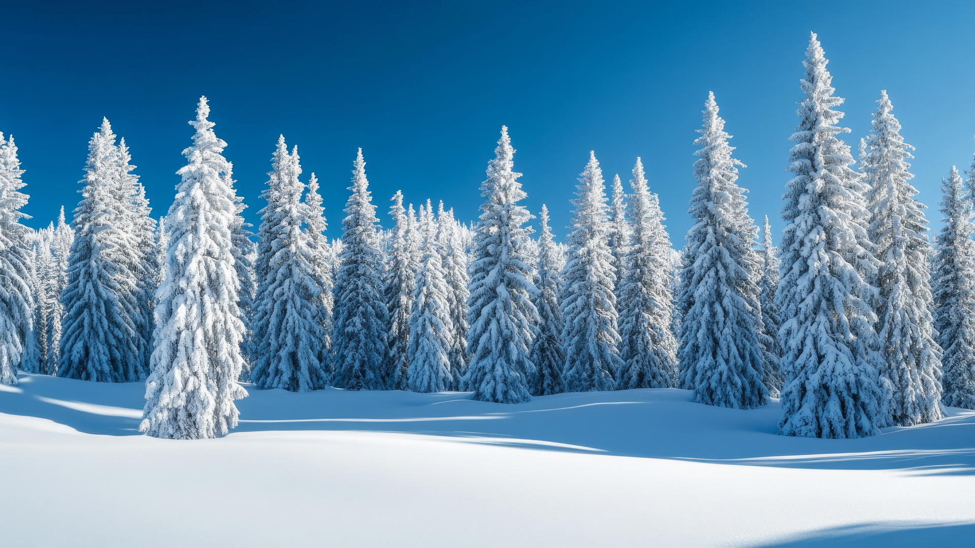A snowy winter landscape with tall pine trees covered in fresh snow under a blue sky, nature wallpaper