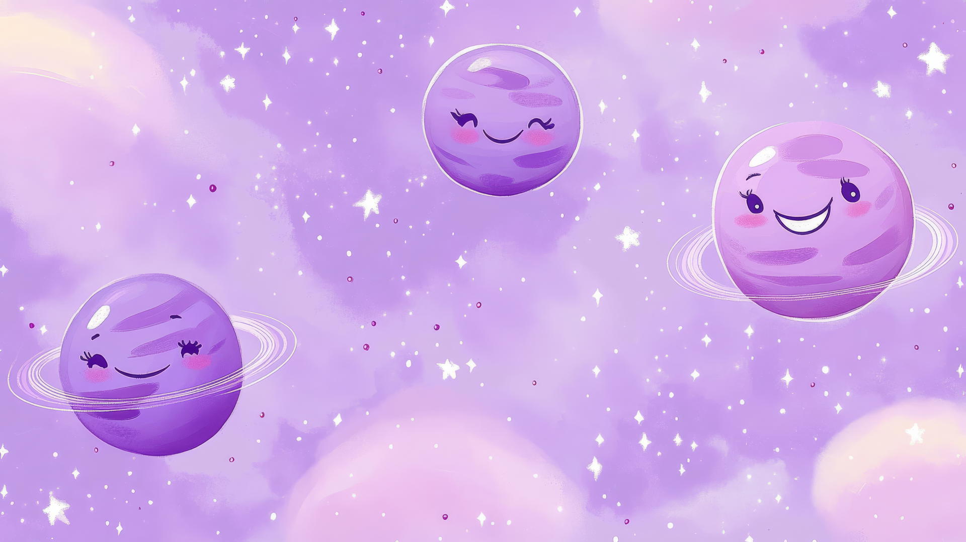 cute purple aesthetic wallpaper with smiling purple planets and twinkling stars
