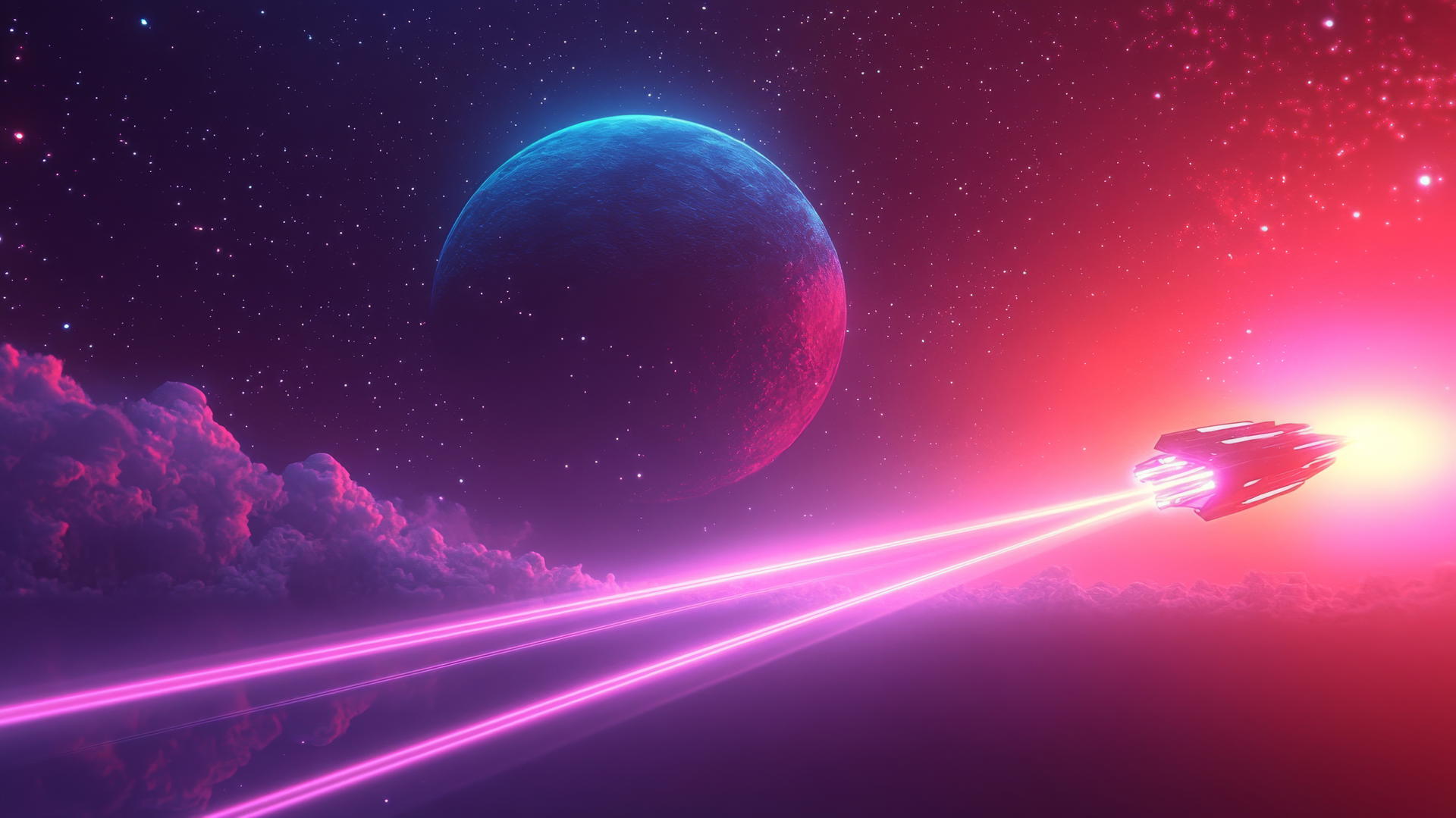 Glowing spaceship flying toward a distant planet with neon light trails in deep space