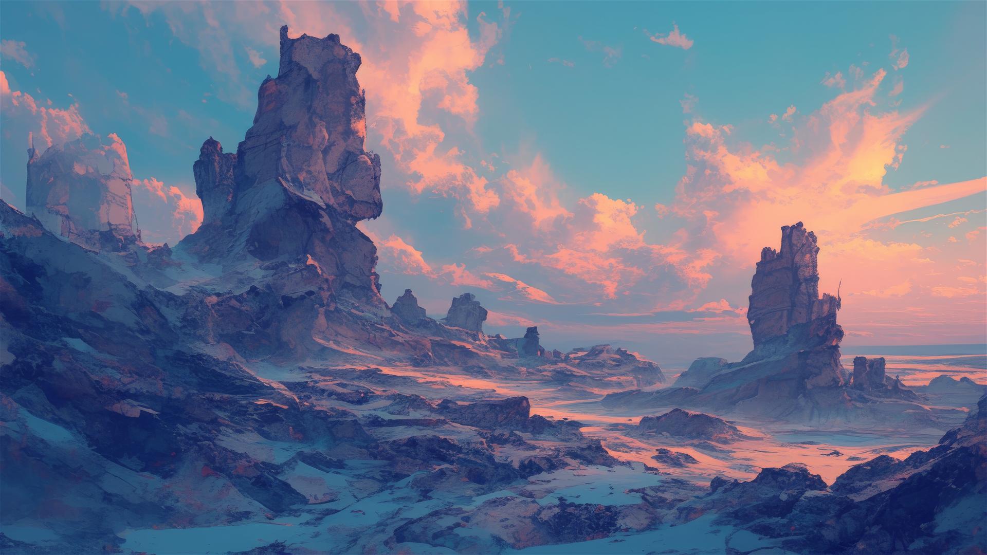 Surreal badlands under twilight sky, soft glowing rock formations