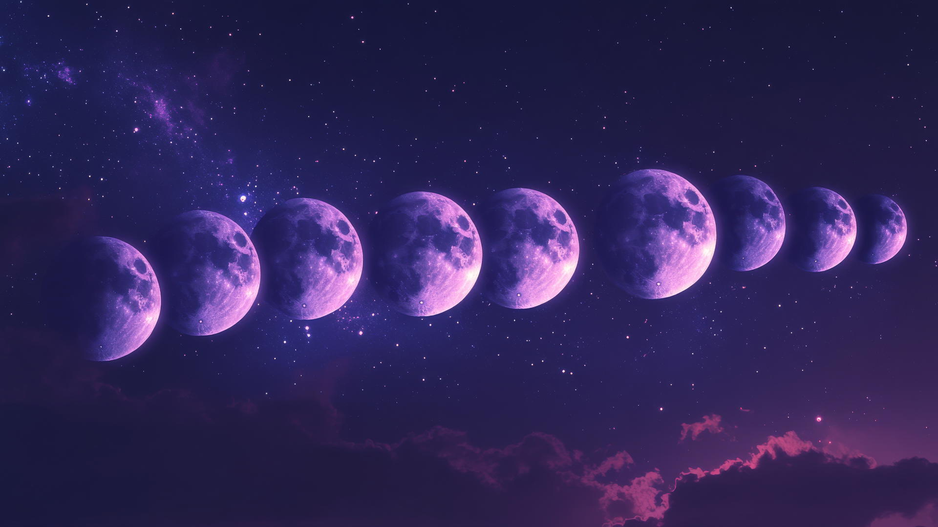 aesthetic purple wallpaper featuring moon phases glowing softly in a starry night sky